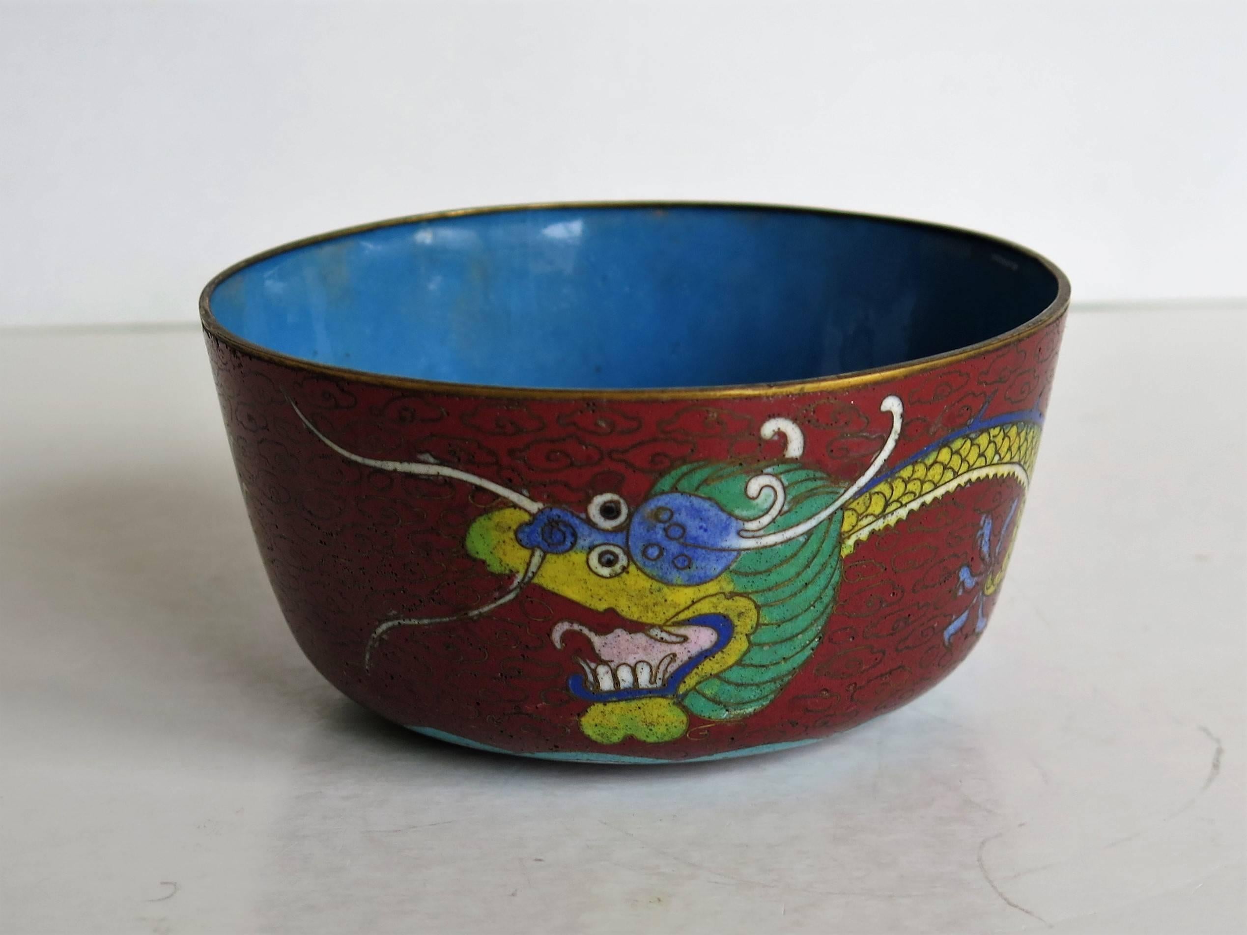 Qing Chinese Cloisonné Dragon Drinking Bowl Rounded Peony Base, Mid-19th Century