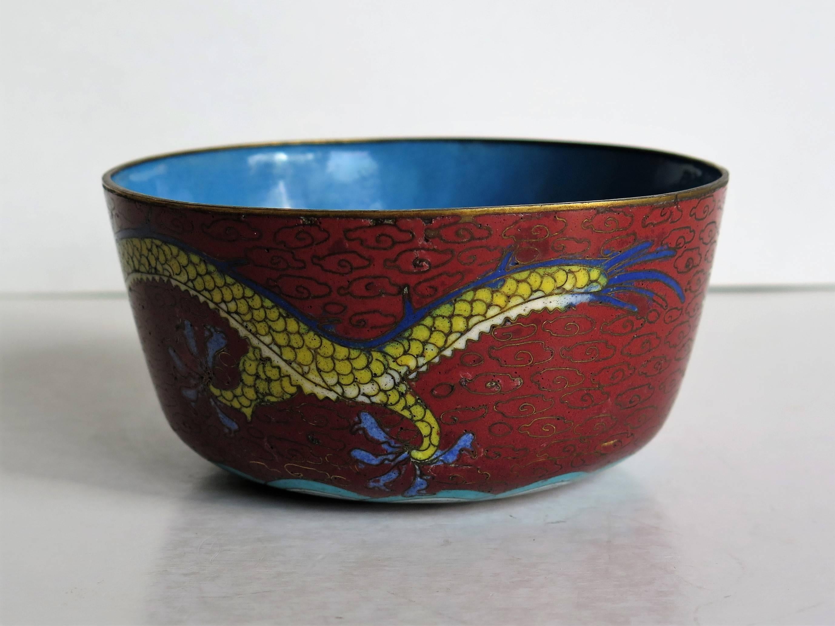 Cloissoné Chinese Cloisonné Dragon Drinking Bowl Rounded Peony Base, Mid-19th Century