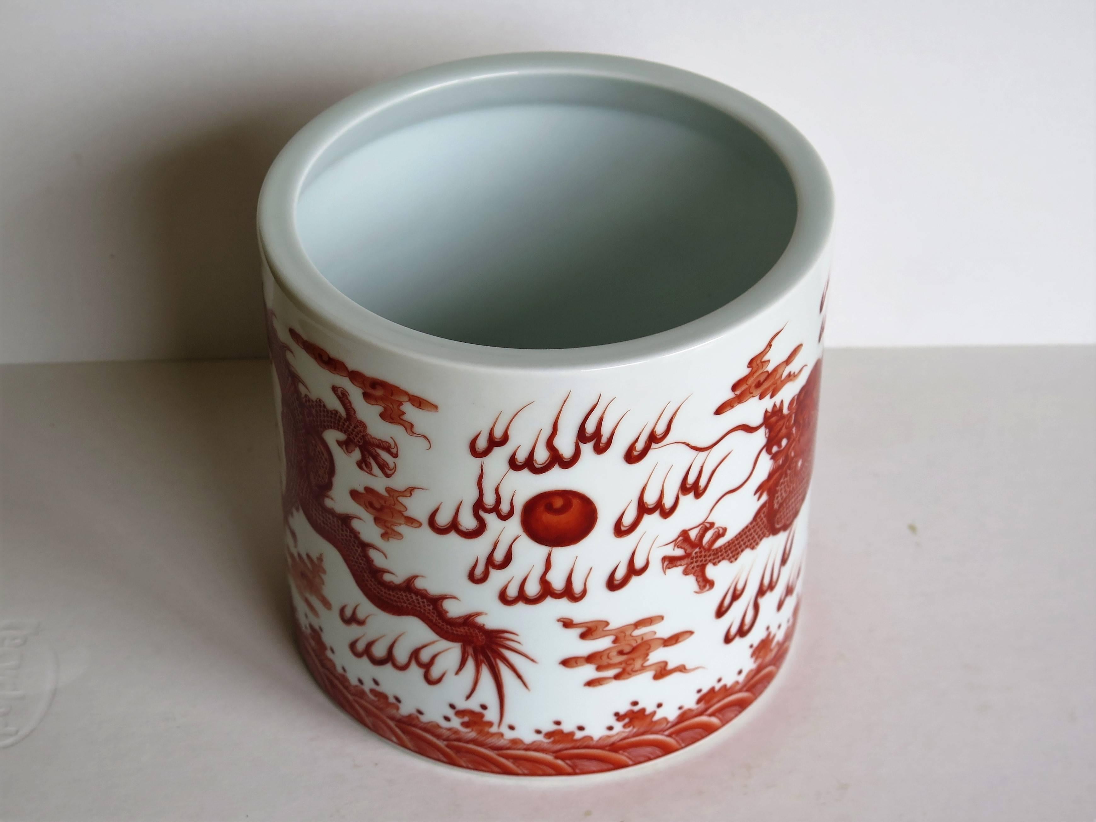 Hand-Painted Chinese Porcelain Brush Pot Iron Red Dragons Finely hand painted , circa 1930