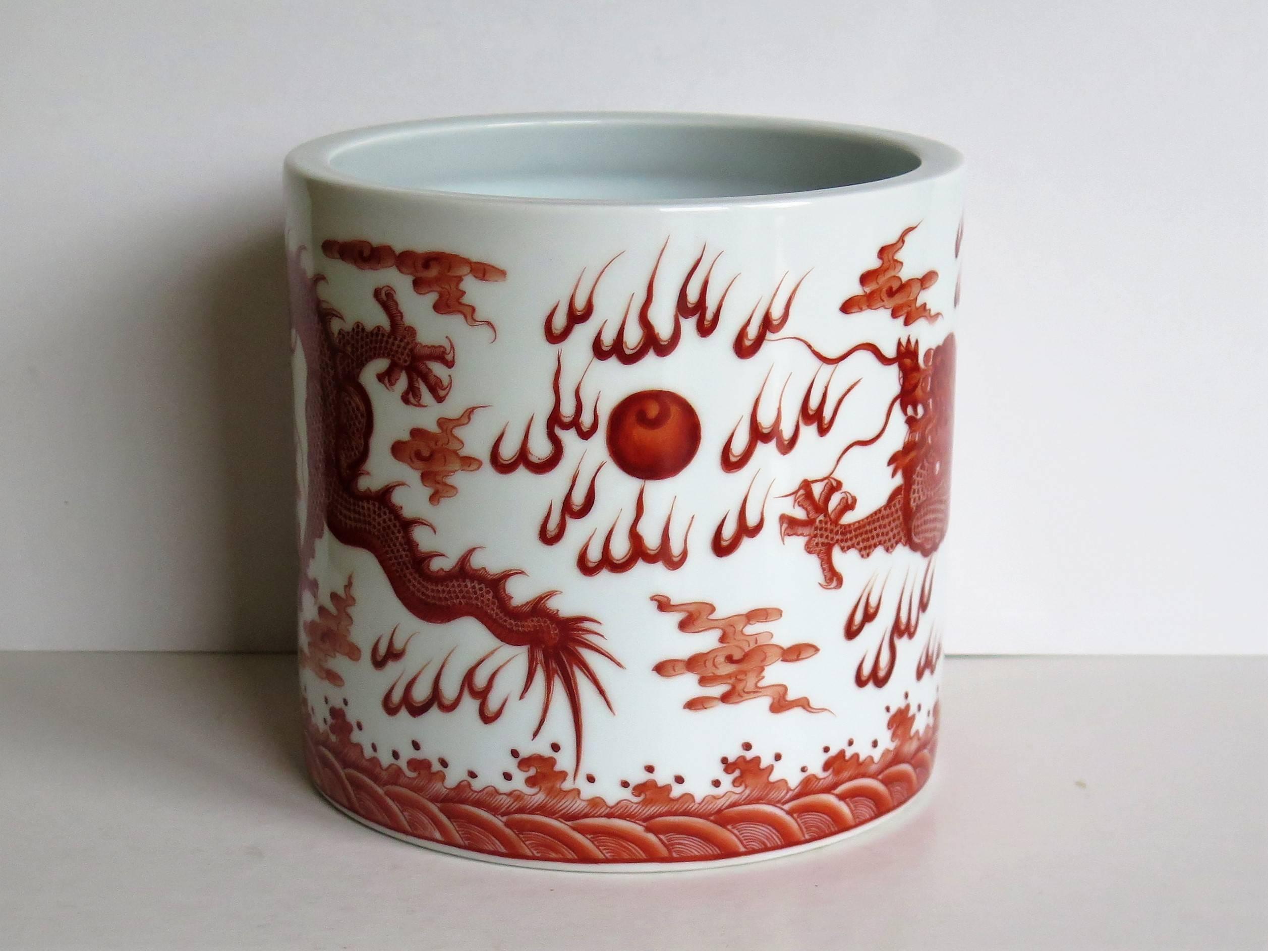 Qing Chinese Porcelain Brush Pot Iron Red Dragons Finely hand painted , circa 1930