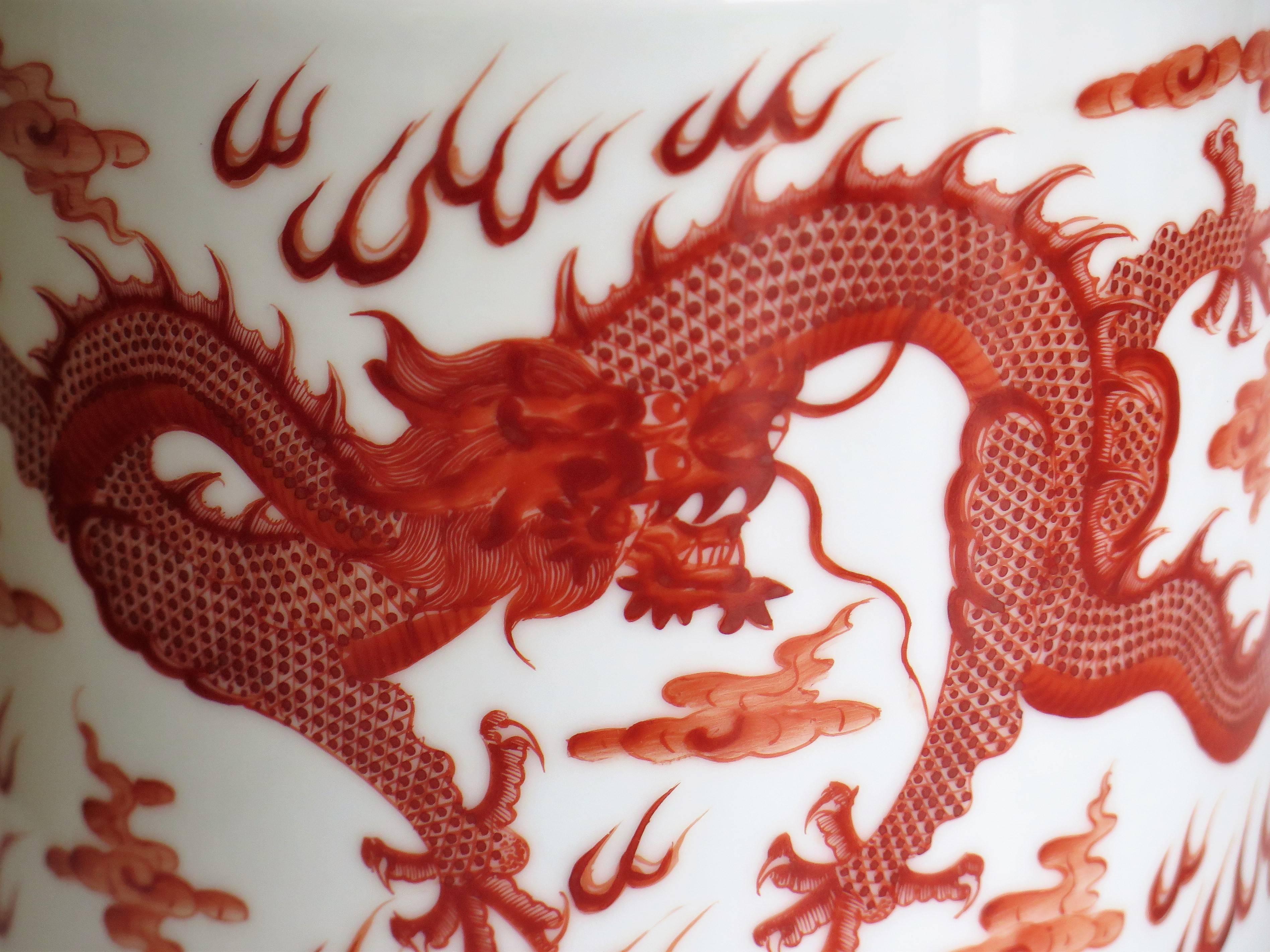 Chinese Porcelain Brush Pot Iron Red Dragons Finely hand painted , circa 1930 1