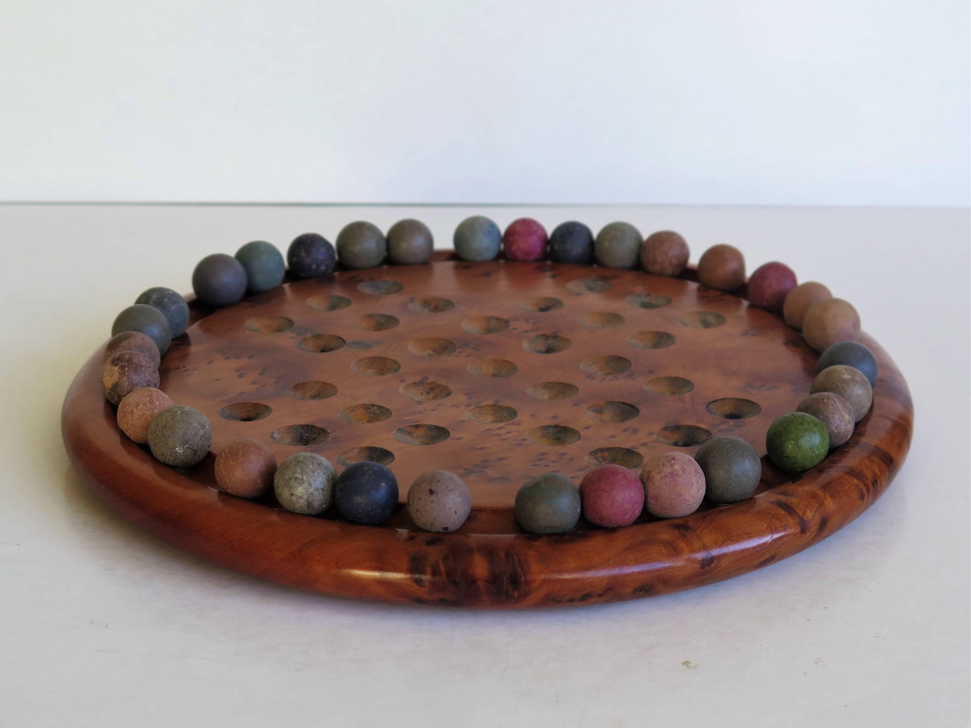 English Marble Solitaire Board Game with 32 Early Handmade Stone Marbles, Ca 1900