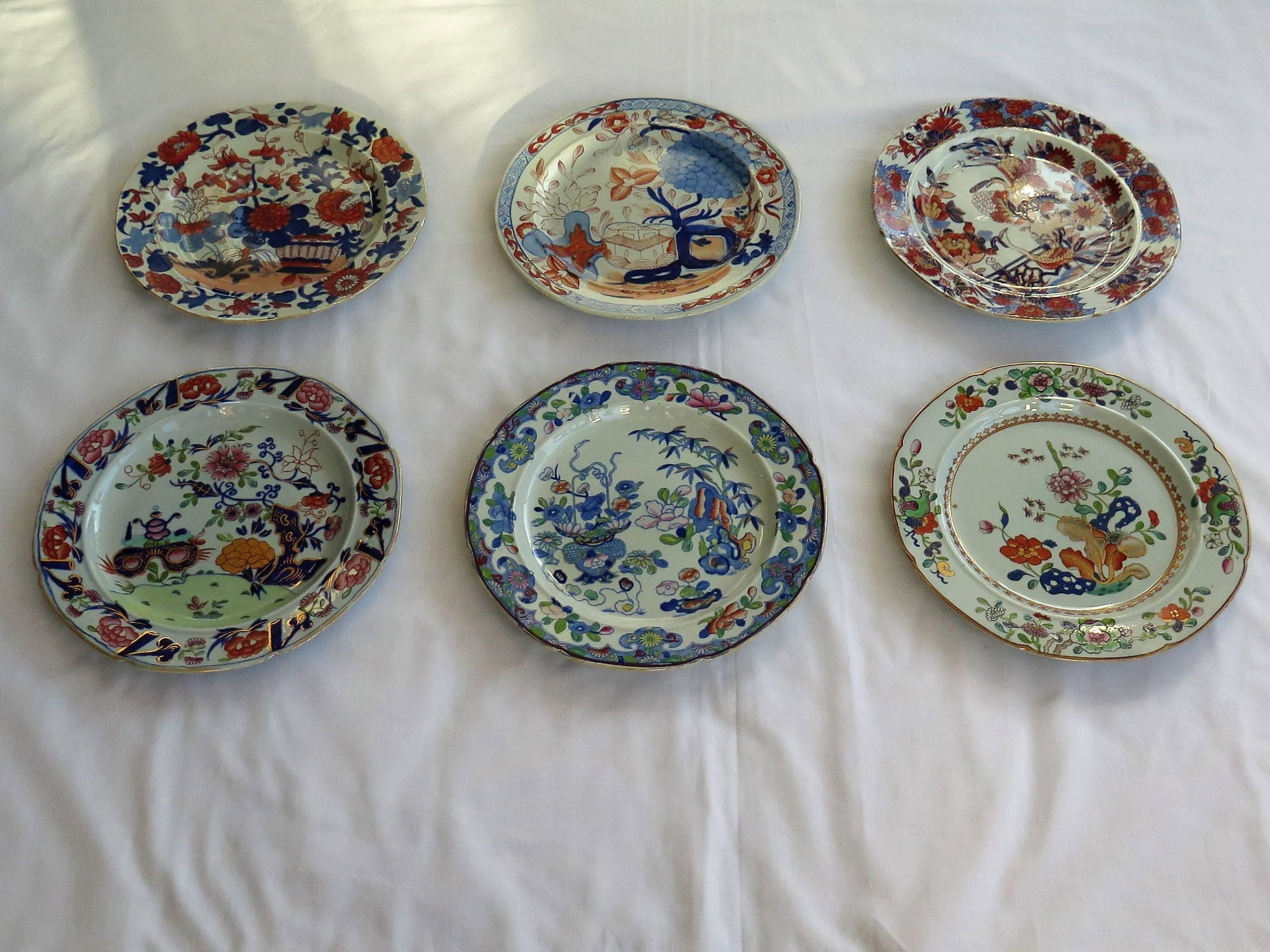 This is a harlequin set of six Mason's ironstone dinner plates, all dating to the earliest period between 1813 and 1820. 

All the plates are the same nominal size and shape, but have different patterns and base marks as follows; 

Top row left: