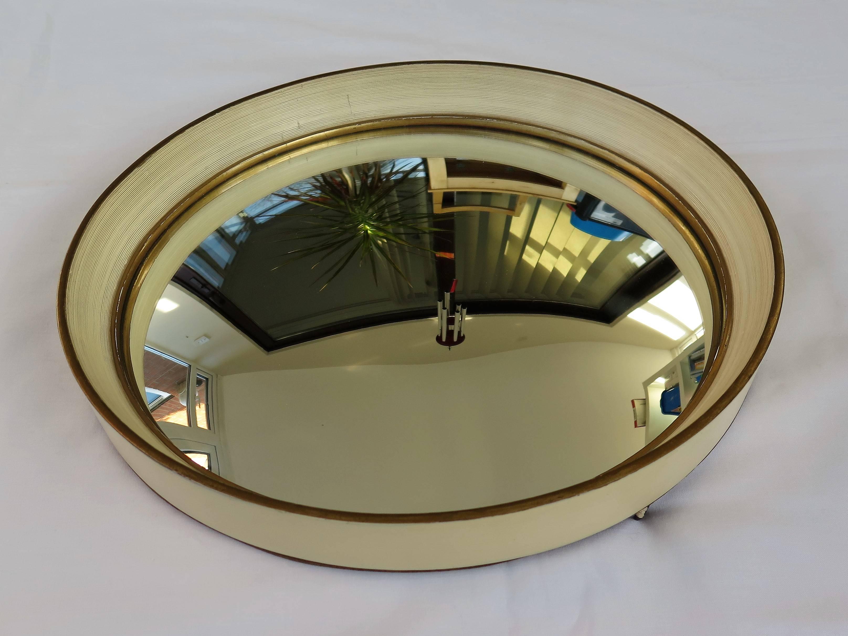 British Round Convex Wall Mirror Turned Cream Wood Frame with Gilt Detail, Ca. 1925