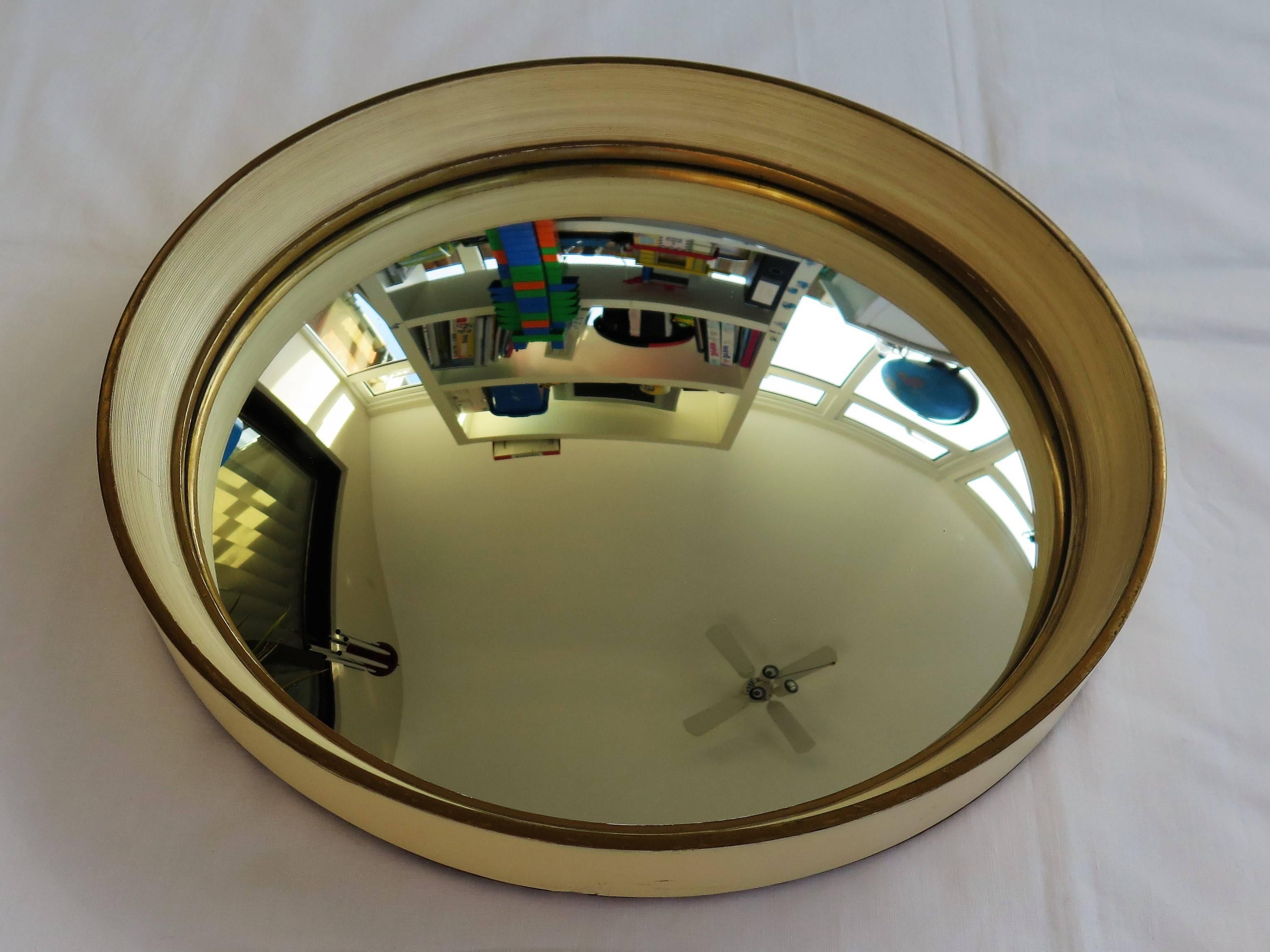 20th Century Round Convex Wall Mirror Turned Cream Wood Frame with Gilt Detail, Ca. 1925