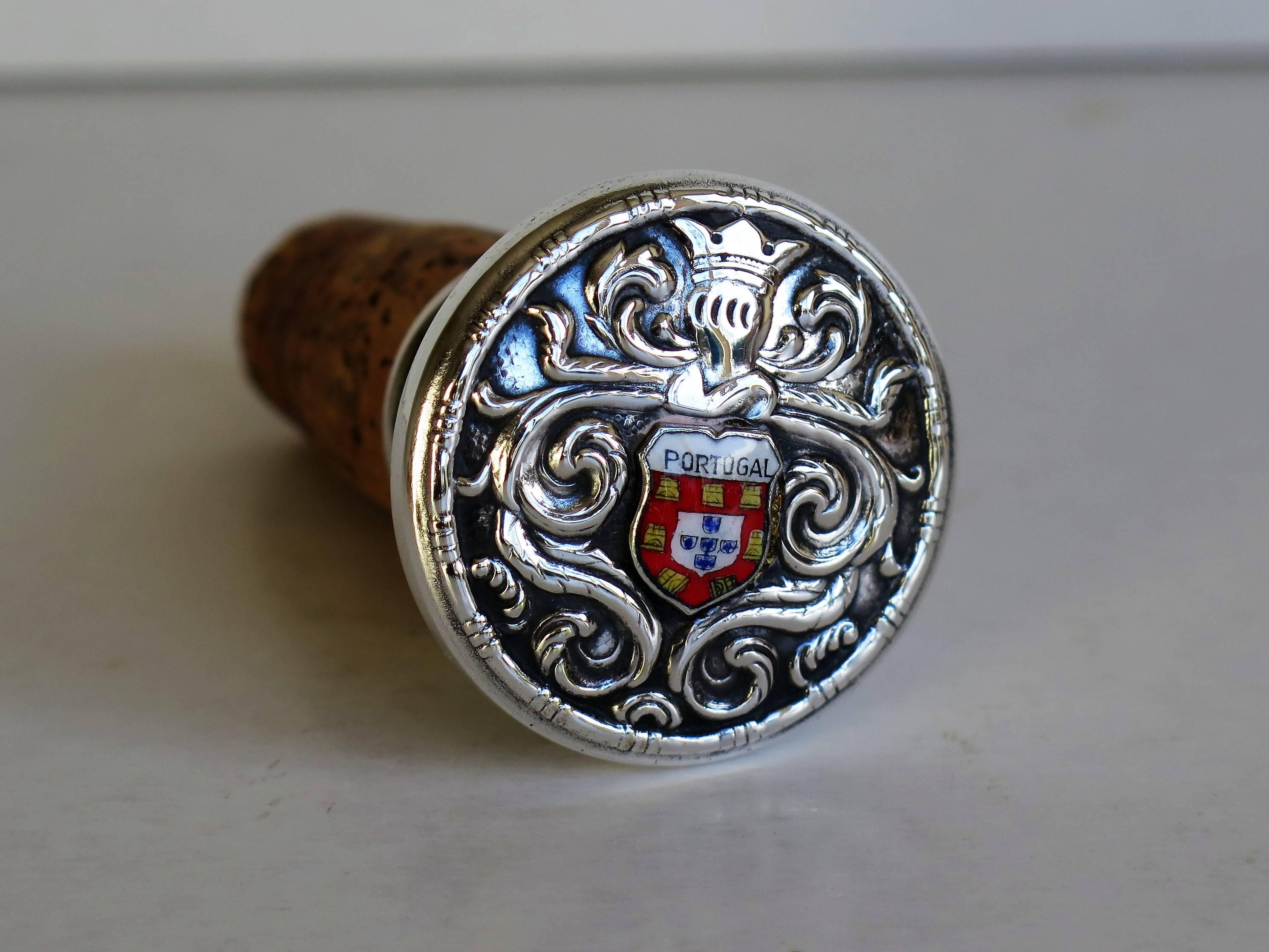 Portuguese Silver Wine Bottle Stopper with Portugal Coat of Arms and Cork Stopper