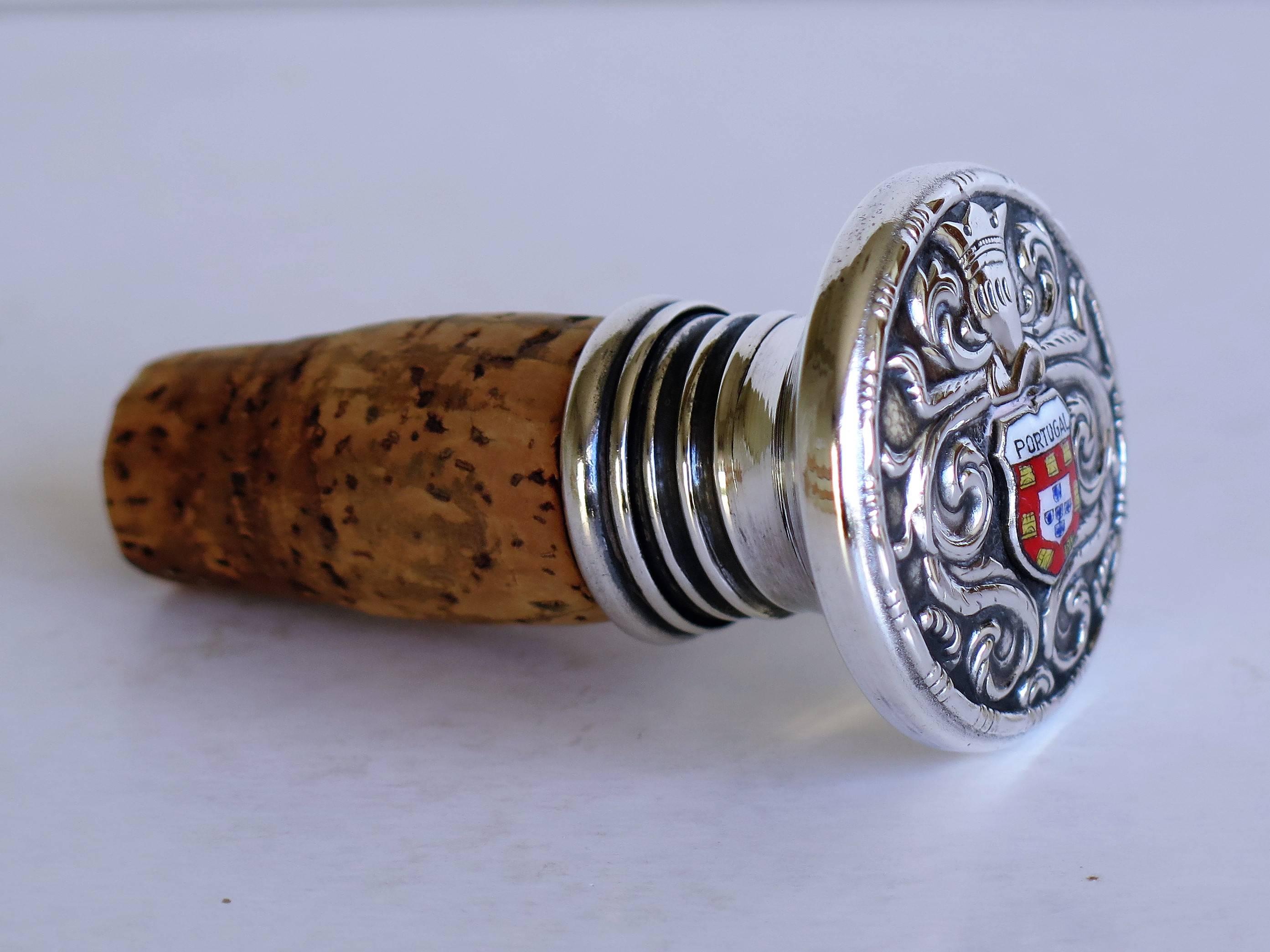 19th Century Silver Wine Bottle Stopper with Portugal Coat of Arms and Cork Stopper