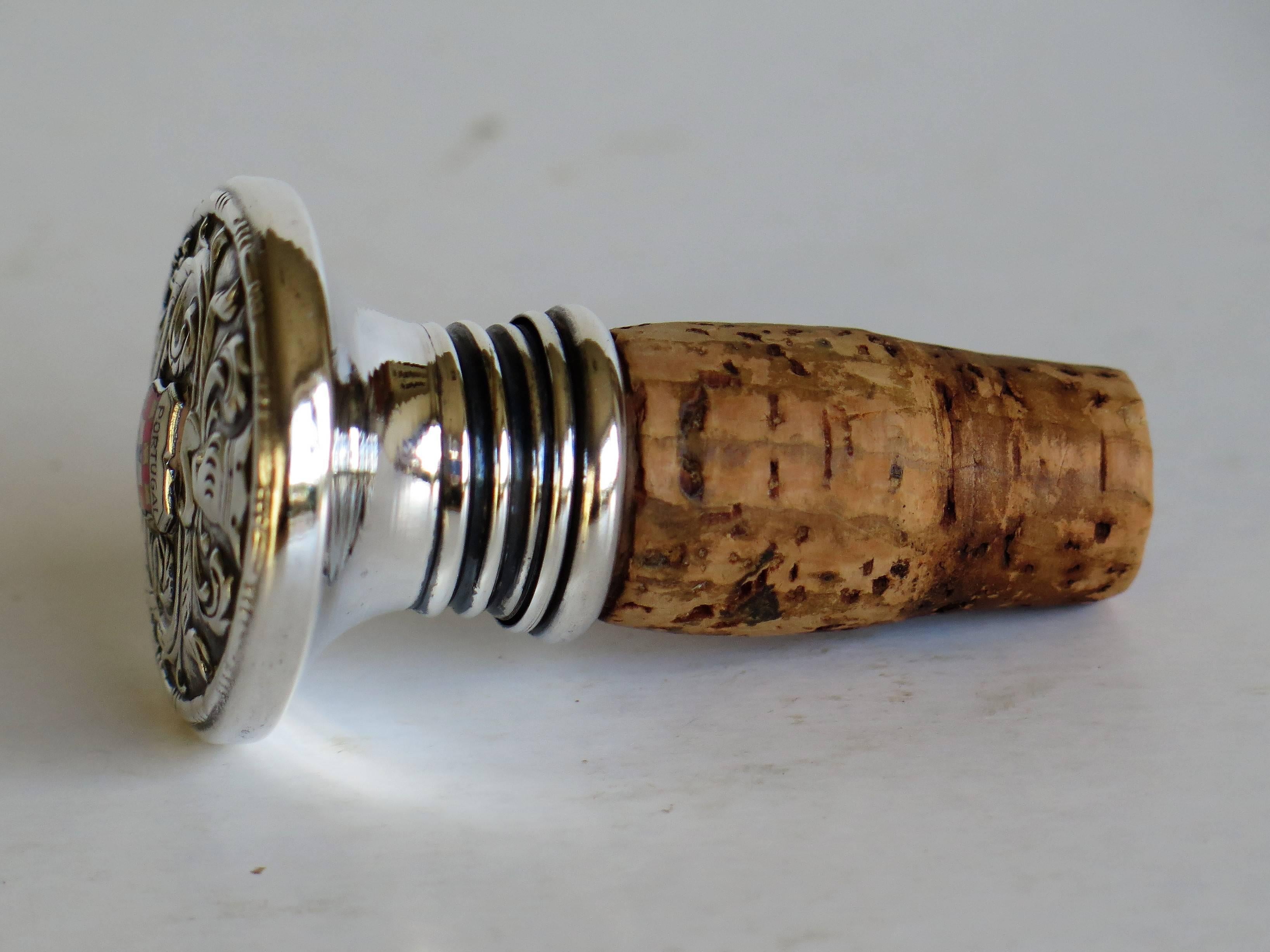 Silver Wine Bottle Stopper with Portugal Coat of Arms and Cork Stopper 1