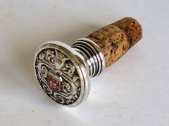 Silver Wine Bottle Stopper with Portugal Coat of Arms and Cork Stopper