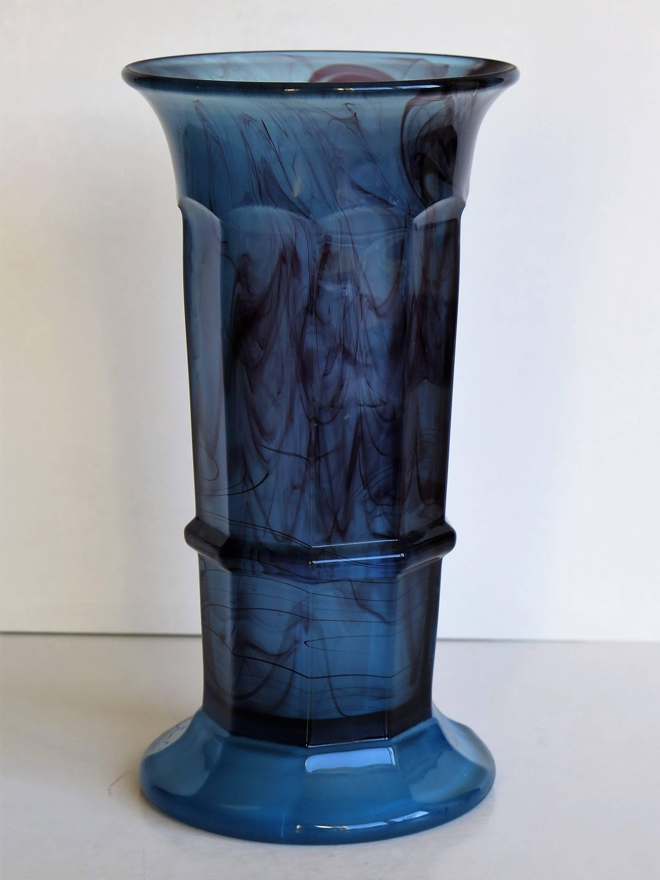 English George Davidson Cloud Glass Blue Column Vase Art Deco Period, Circa 1930s