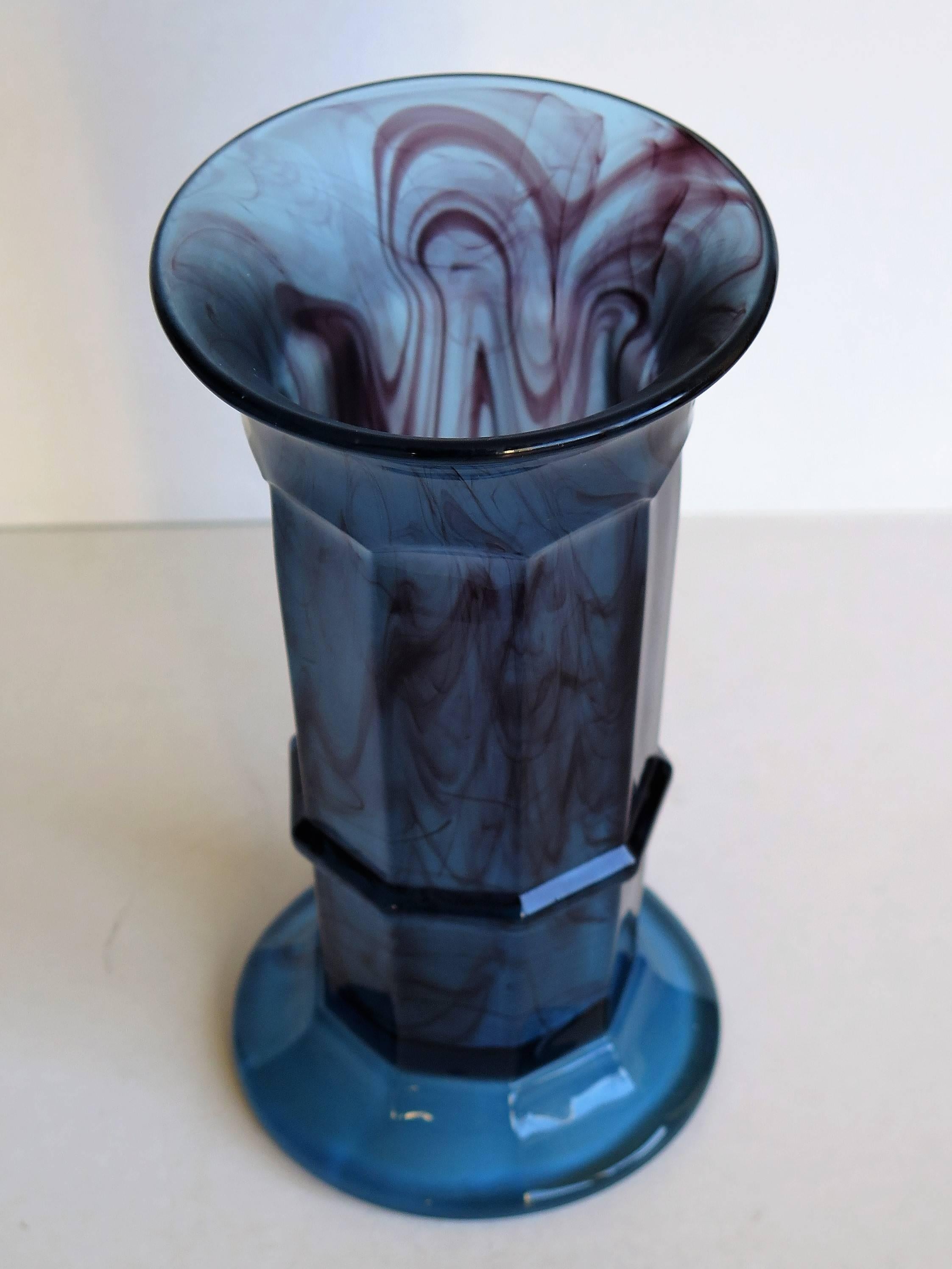 Pressed George Davidson Cloud Glass Blue Column Vase Art Deco Period, Circa 1930s