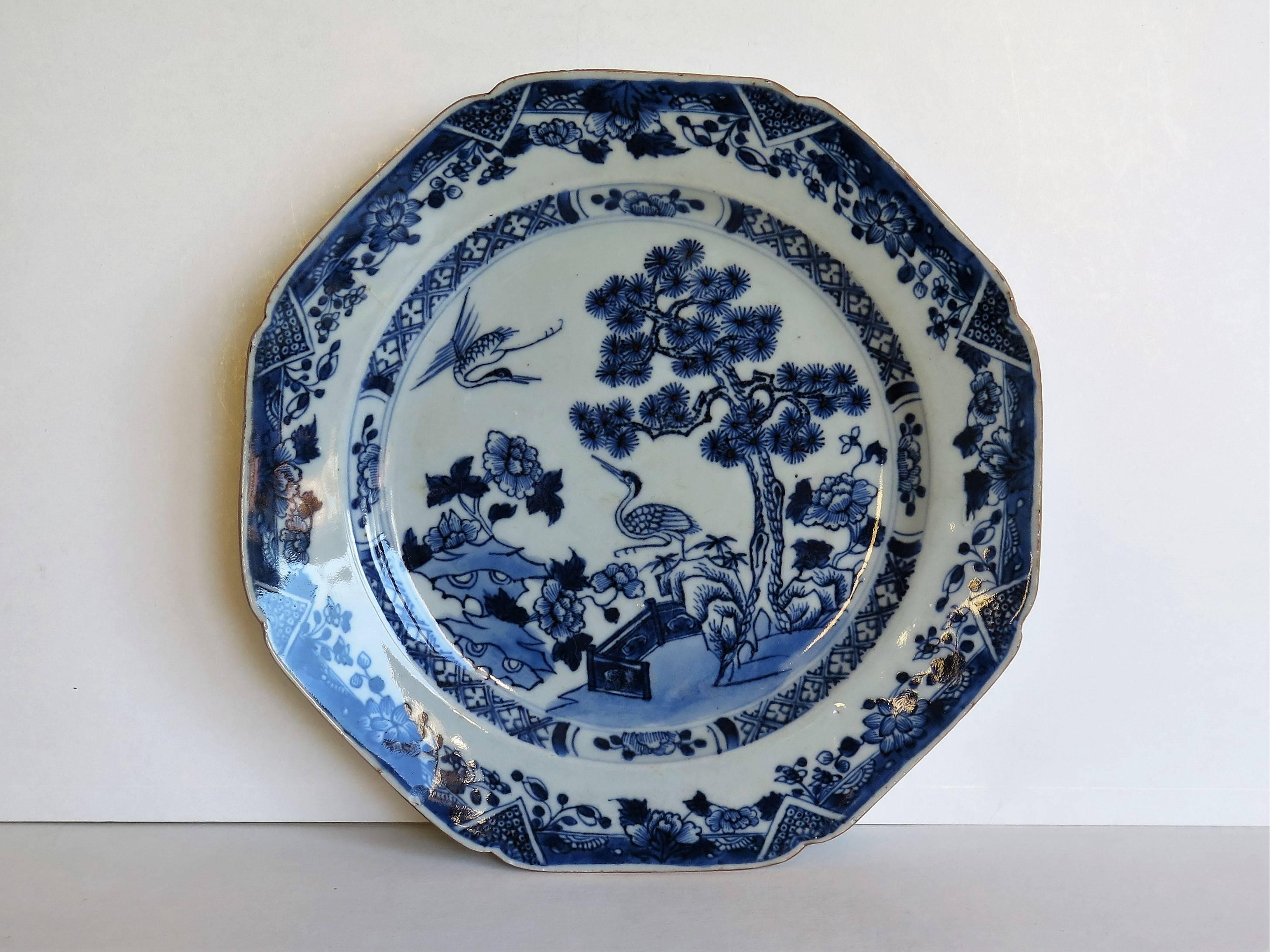 Chinoiserie 18th Century Chinese Porcelain Plate Blue and White Two Storks Qing Qianlong