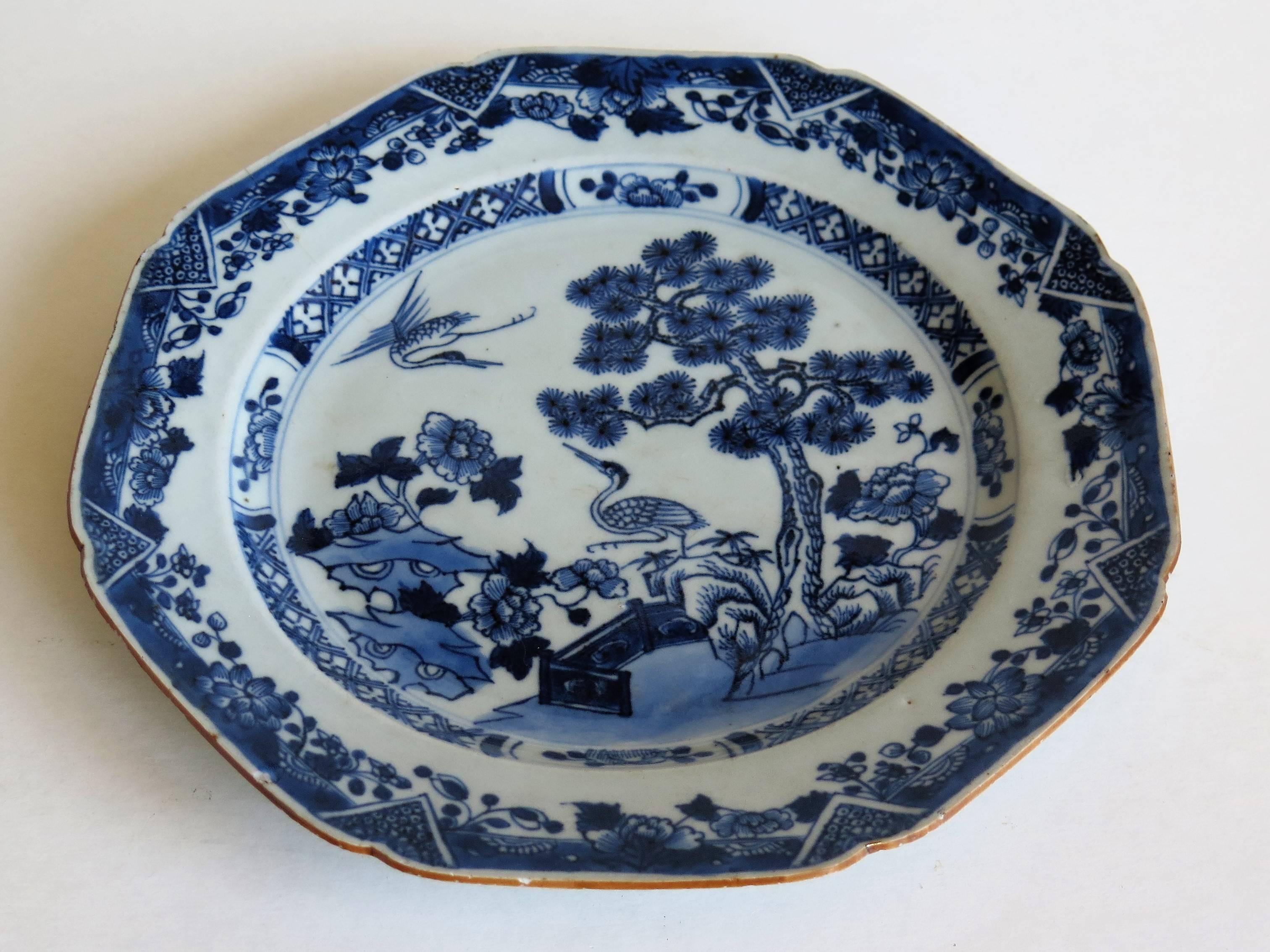 Hand-Painted 18th Century Chinese Porcelain Plate Blue and White Two Storks Qing Qianlong