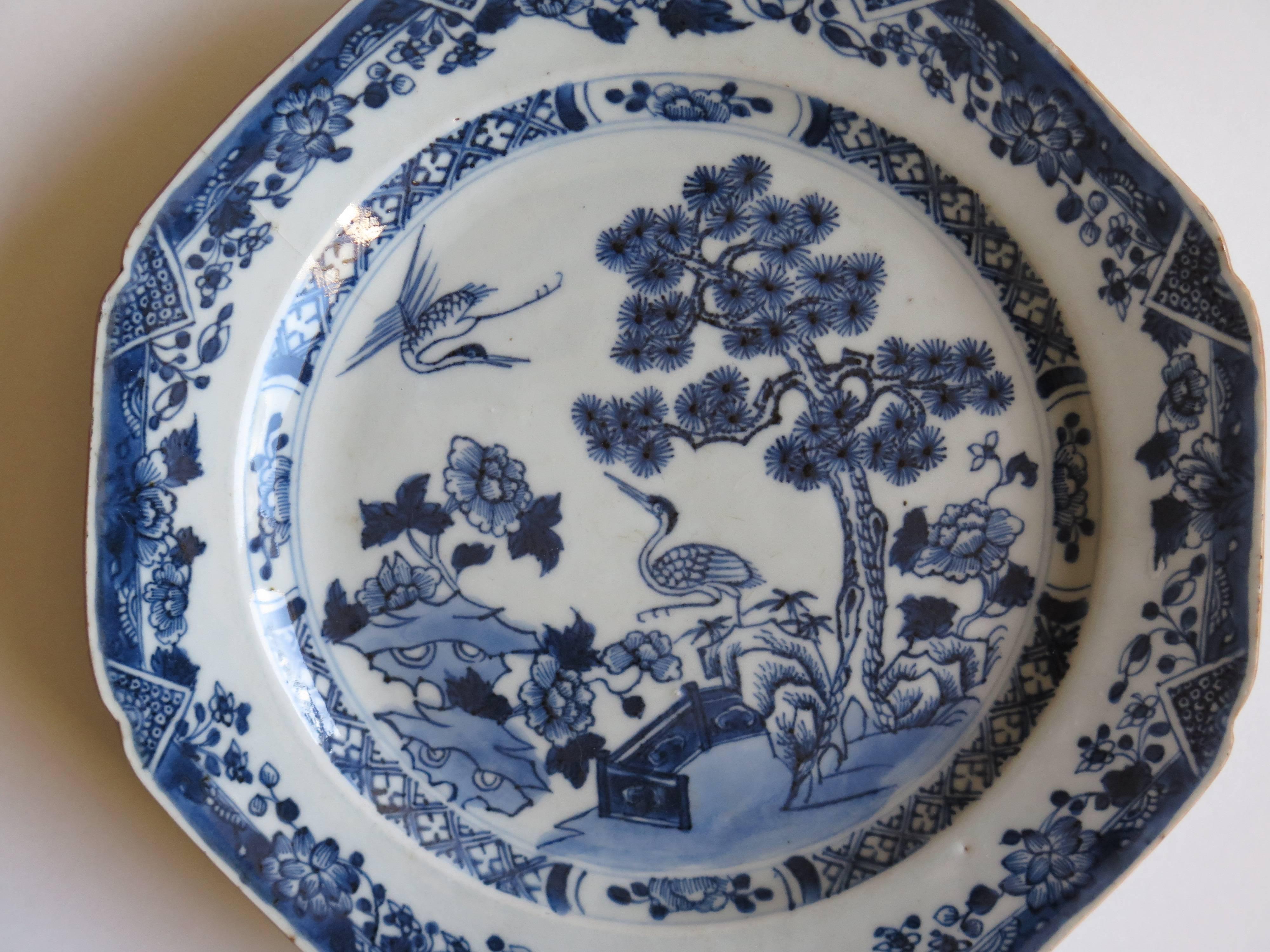 18th Century Chinese Porcelain Plate Blue and White Two Storks Qing Qianlong 1
