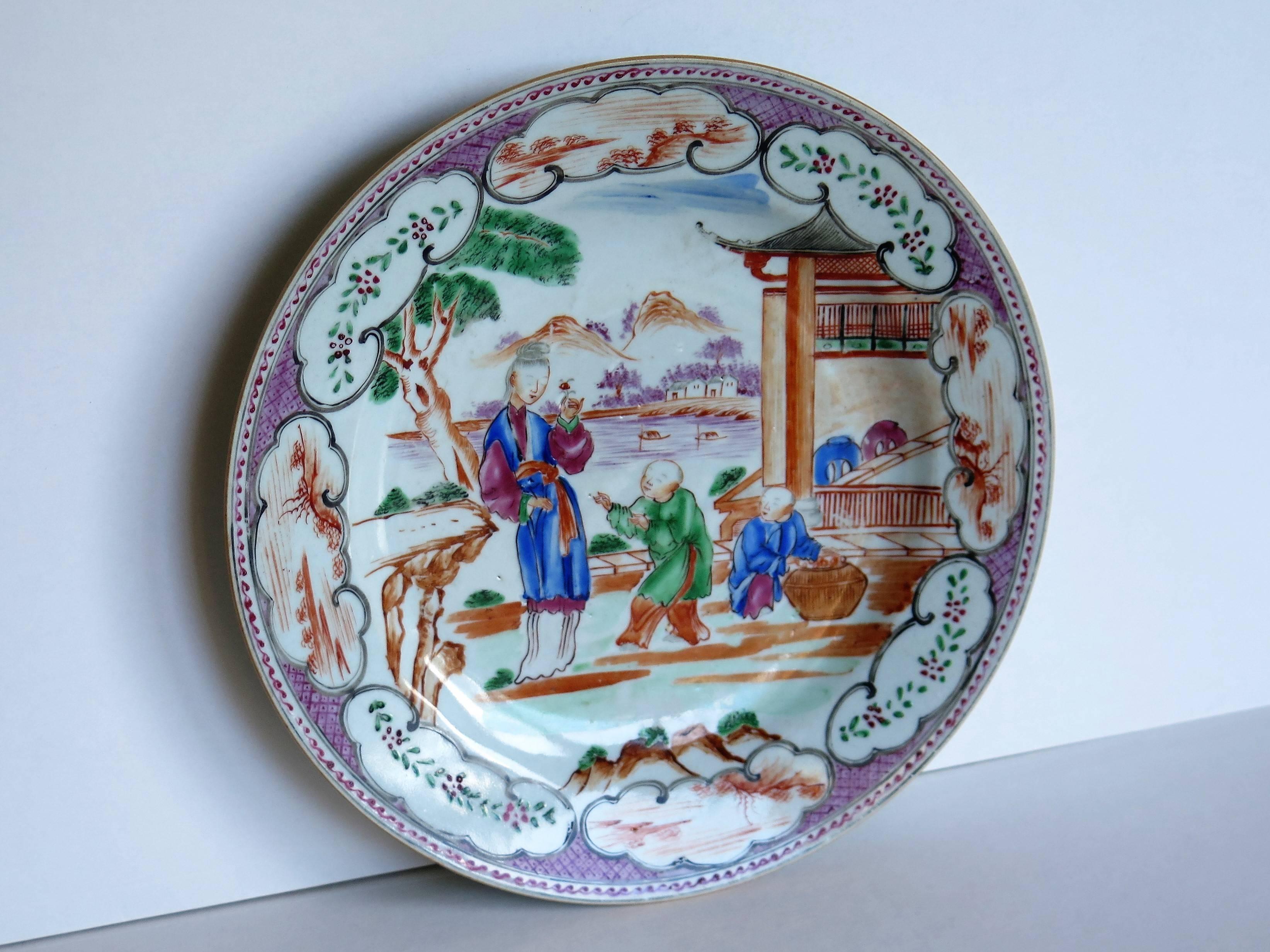 Hand-Painted 18th Century Chinese Porcelain Plate, Famille Rose, Long Eliza, Qing Qianlong