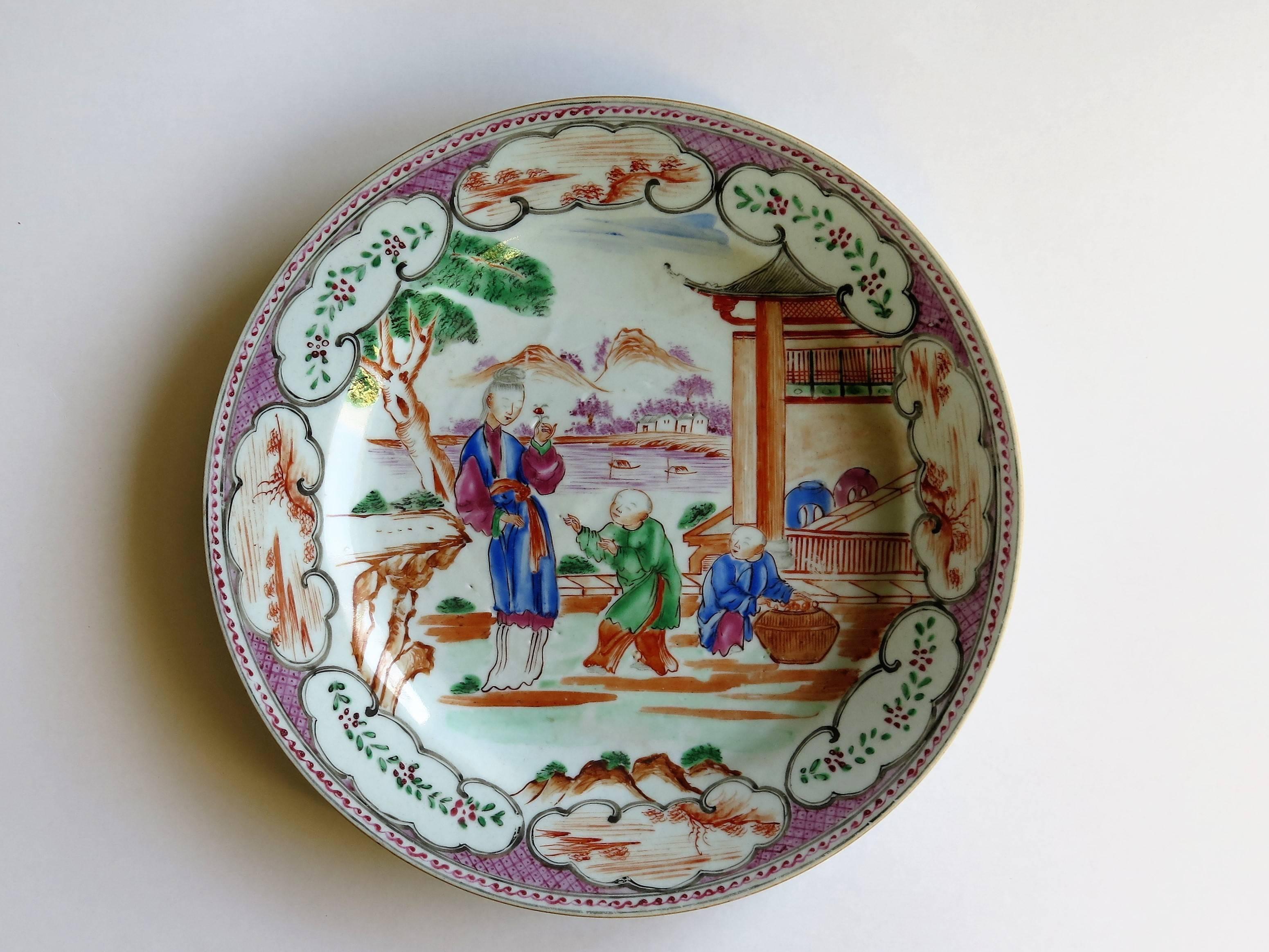 Chinoiserie 18th Century Chinese Porcelain Plate, Famille Rose, Long Eliza, Qing Qianlong