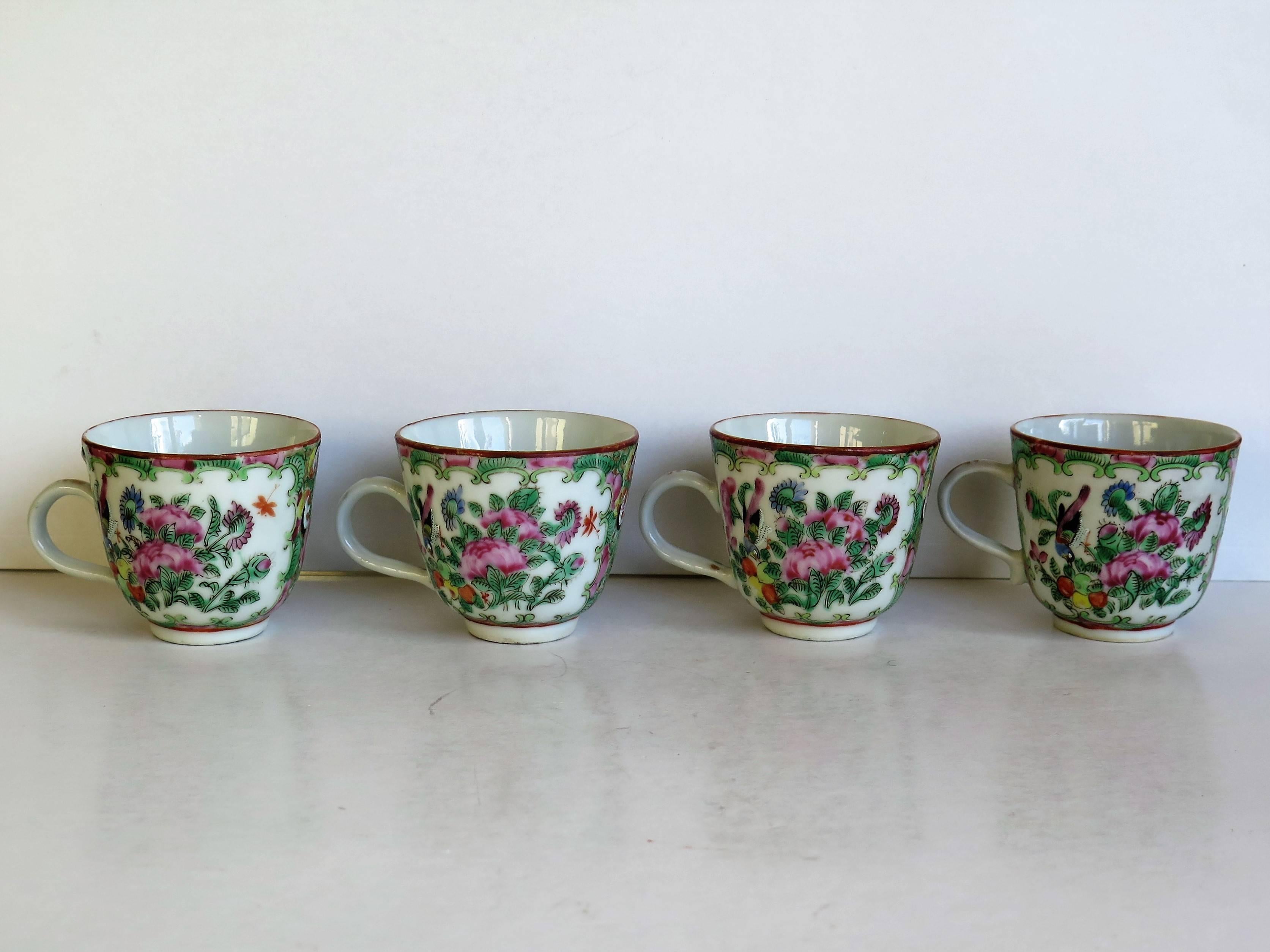 19th Century Four Chinese Export Porcelain Cups Hand-Painted Rose Medallion, Qing 19th C