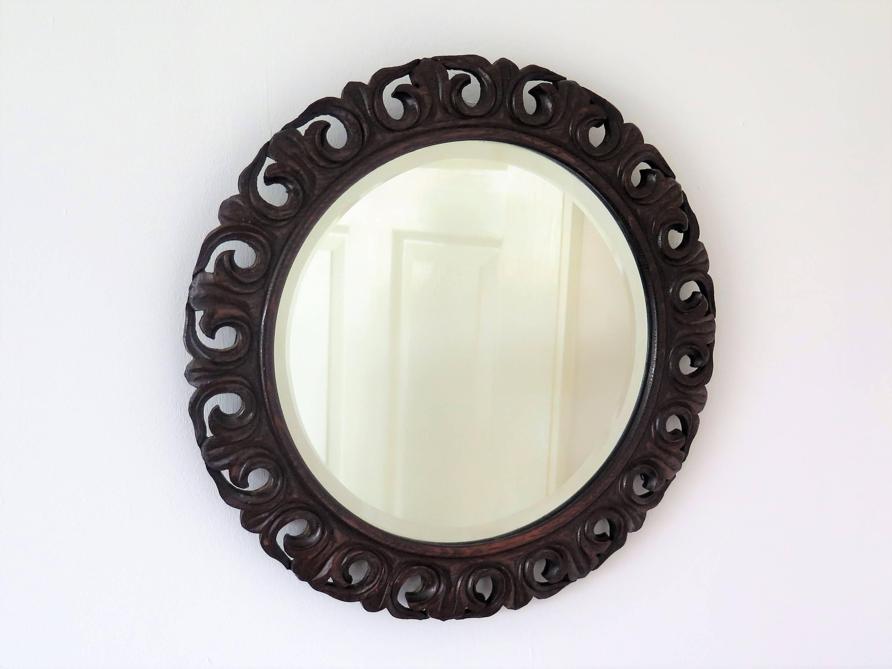 English Round Mirror Carved Pierced Oak Frame Jackobean Style Bevel Glass