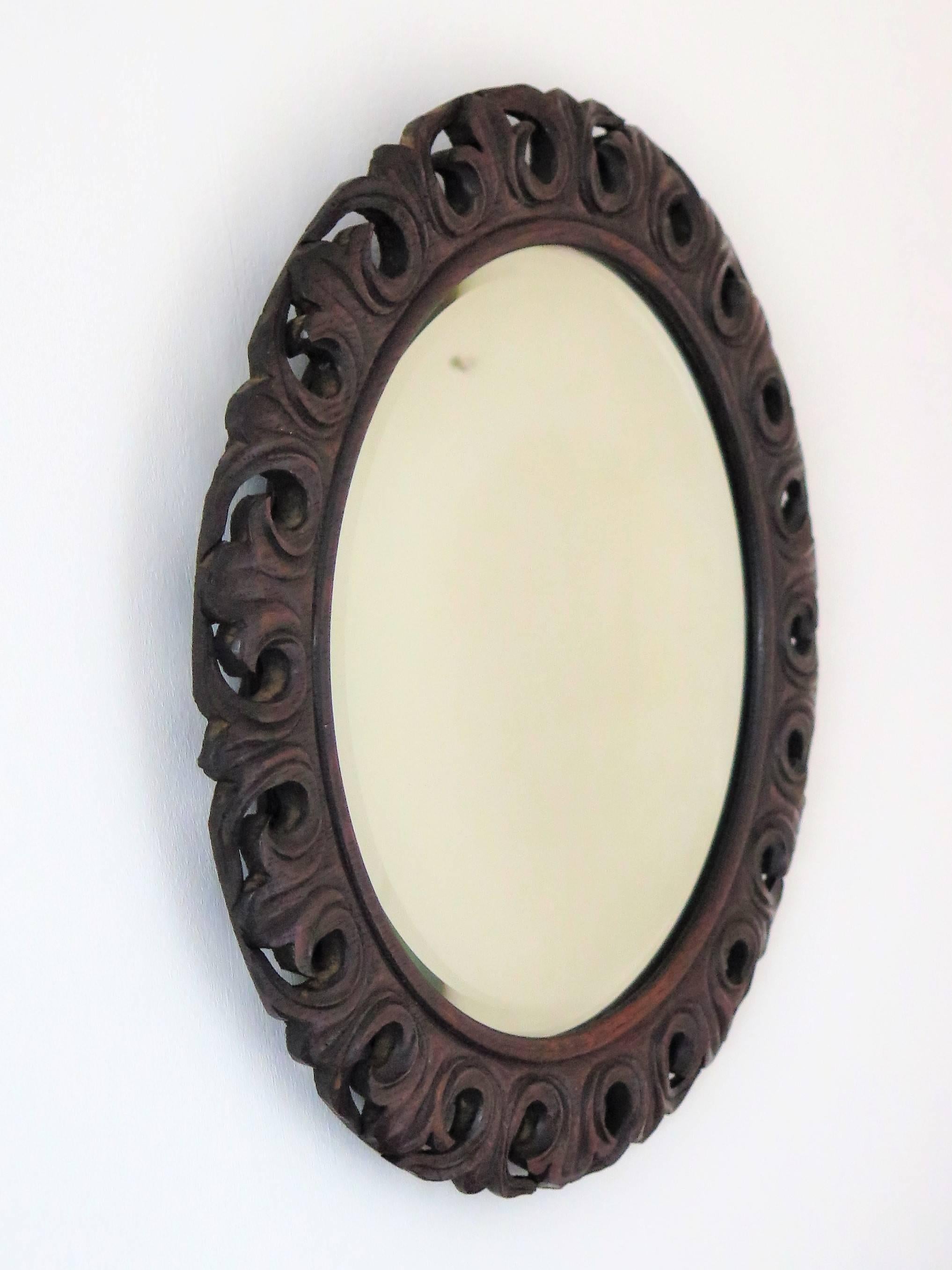 Beveled Round Mirror Carved Pierced Oak Frame Jackobean Style Bevel Glass