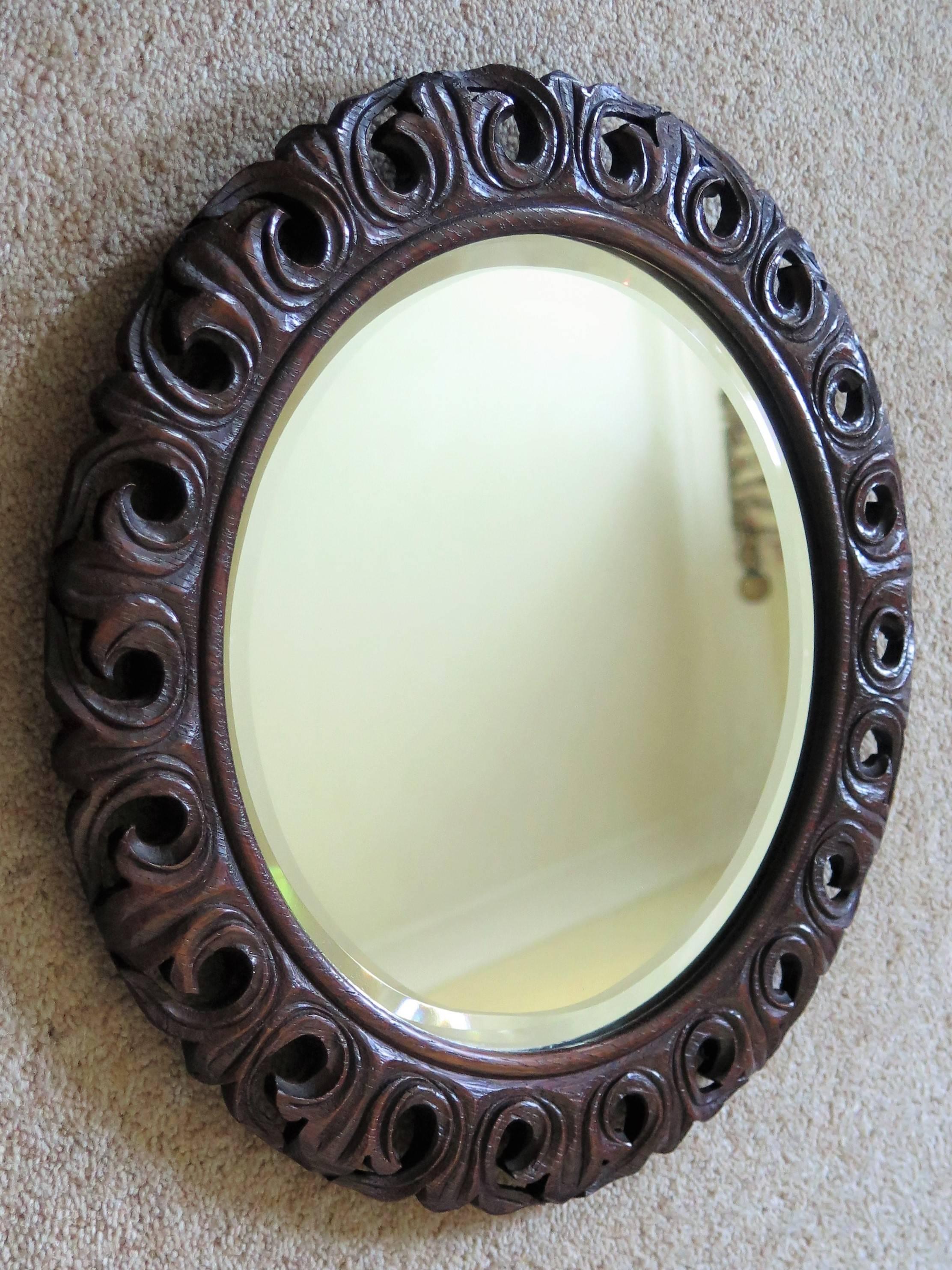 Round Mirror Carved Pierced Oak Frame Jackobean Style Bevel Glass In Good Condition In Lincoln, Lincolnshire
