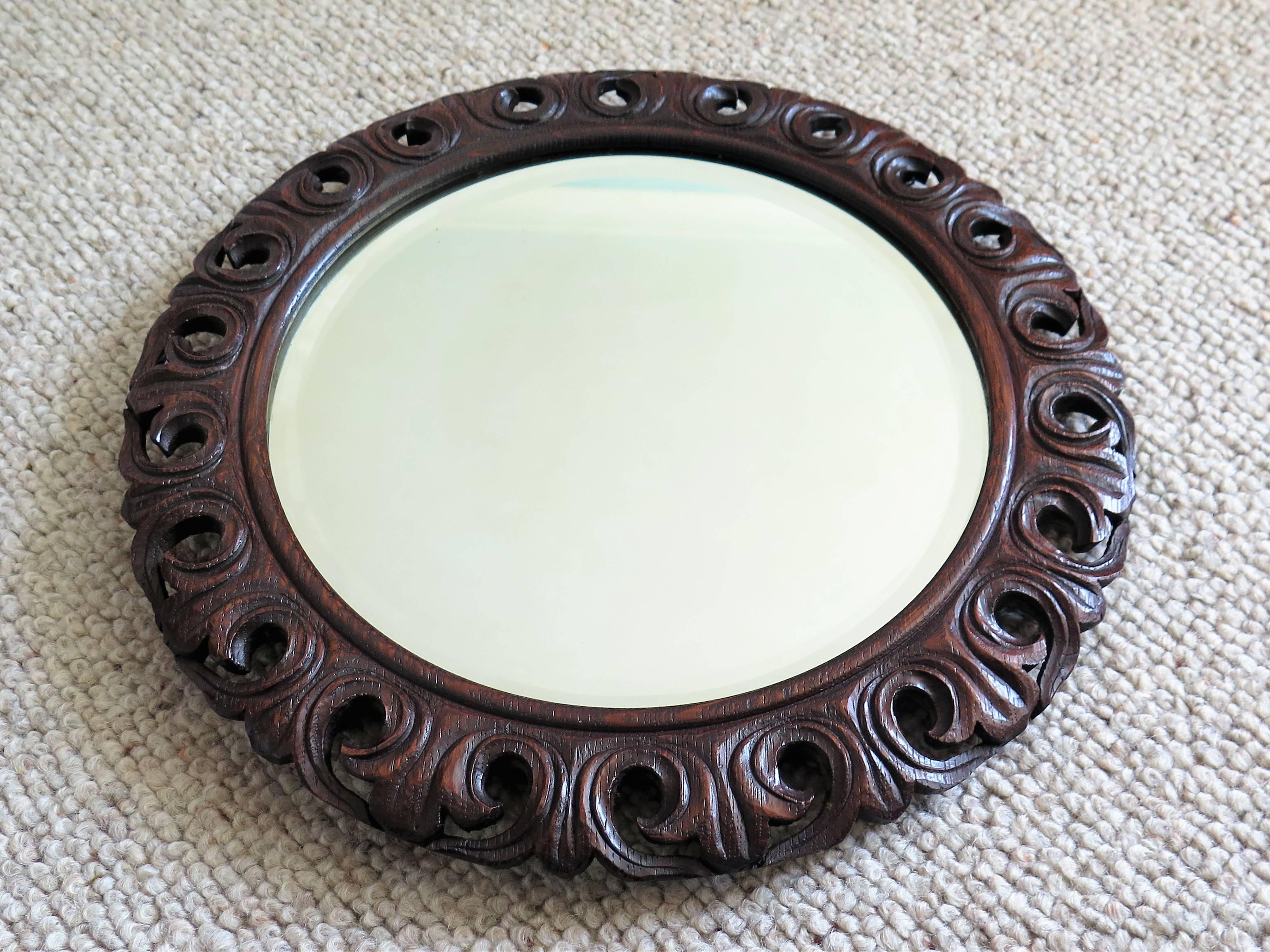 19th Century Round Mirror Carved Pierced Oak Frame Jackobean Style Bevel Glass