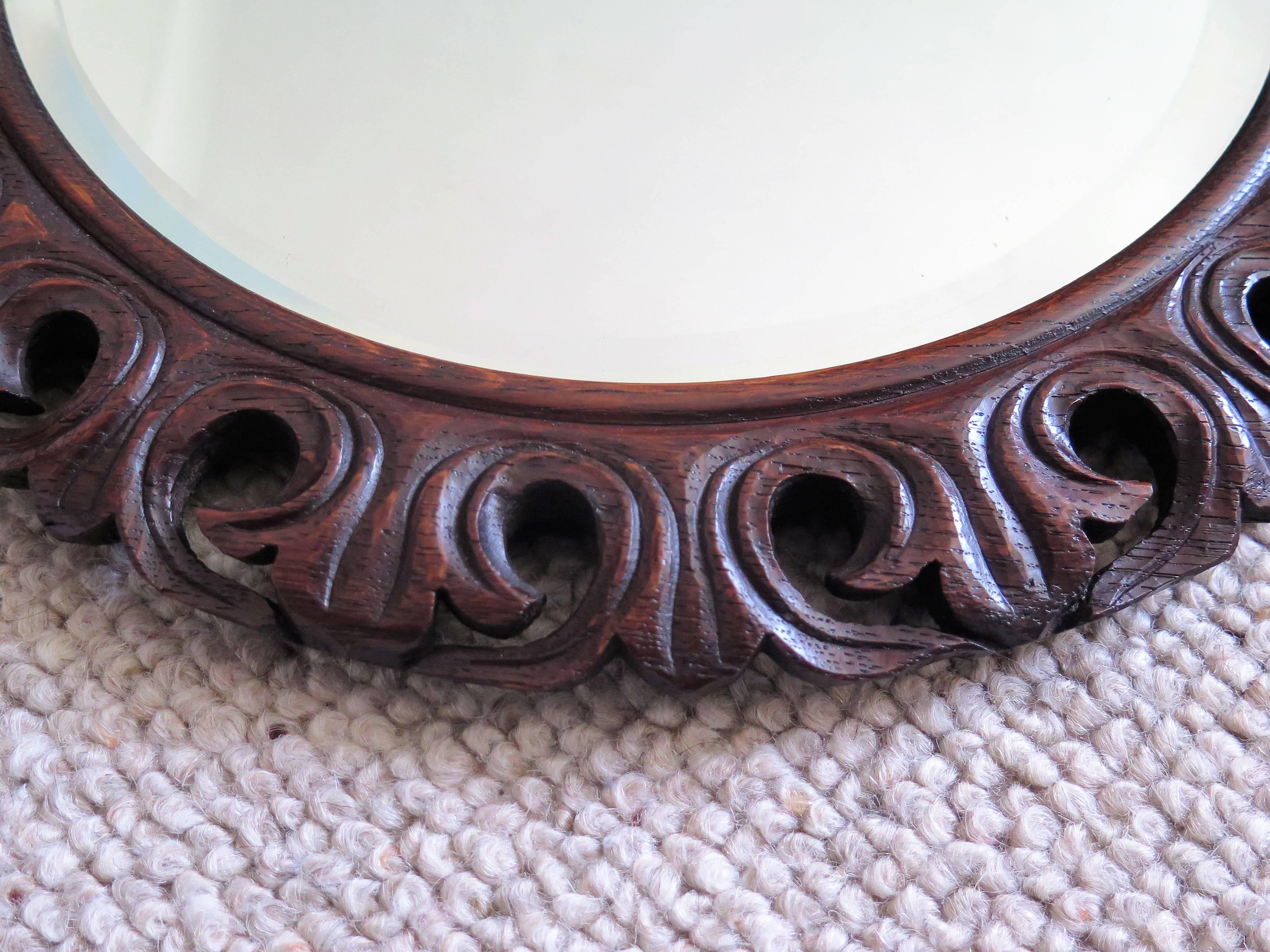 Round Mirror Carved Pierced Oak Frame Jackobean Style Bevel Glass 1