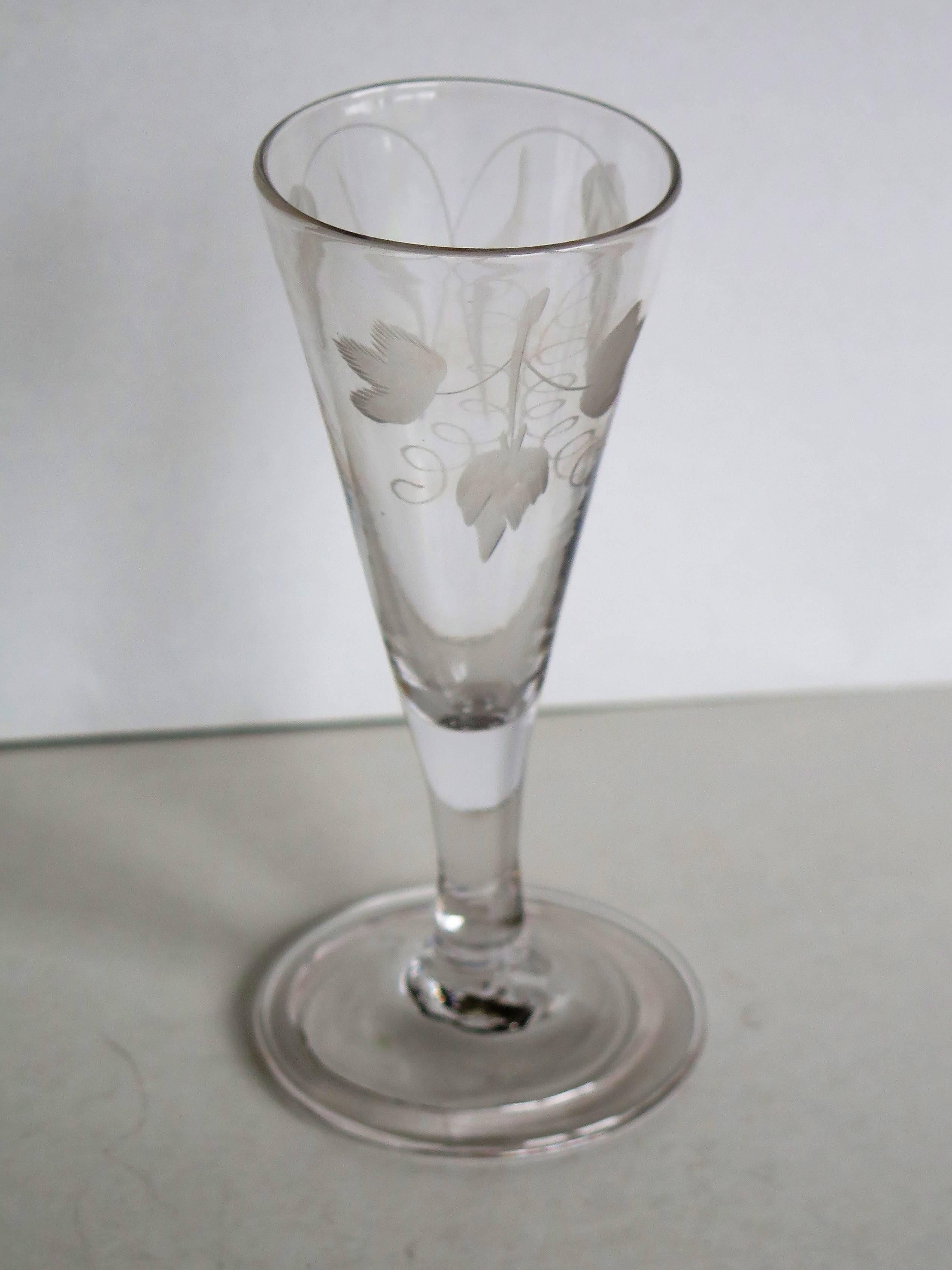 English Mid-Georgian Ale Drinking Glass Handblown Engraved with Hops and Barley, Ca 1750