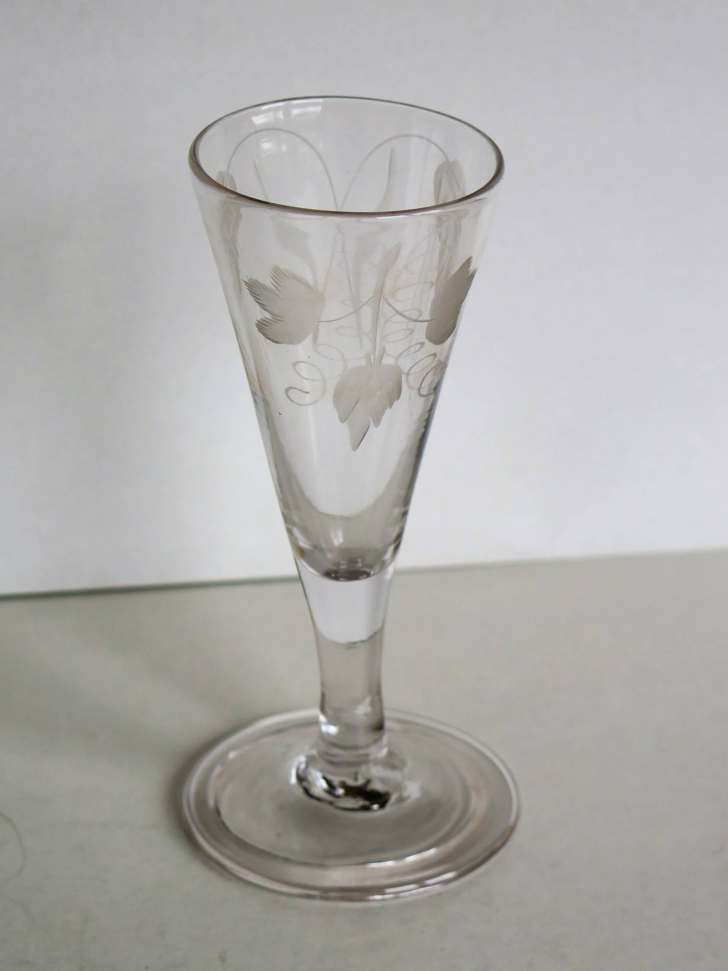 Hand-Crafted Mid-Georgian Ale Drinking Glass Handblown Engraved with Hops and Barley, Ca 1750