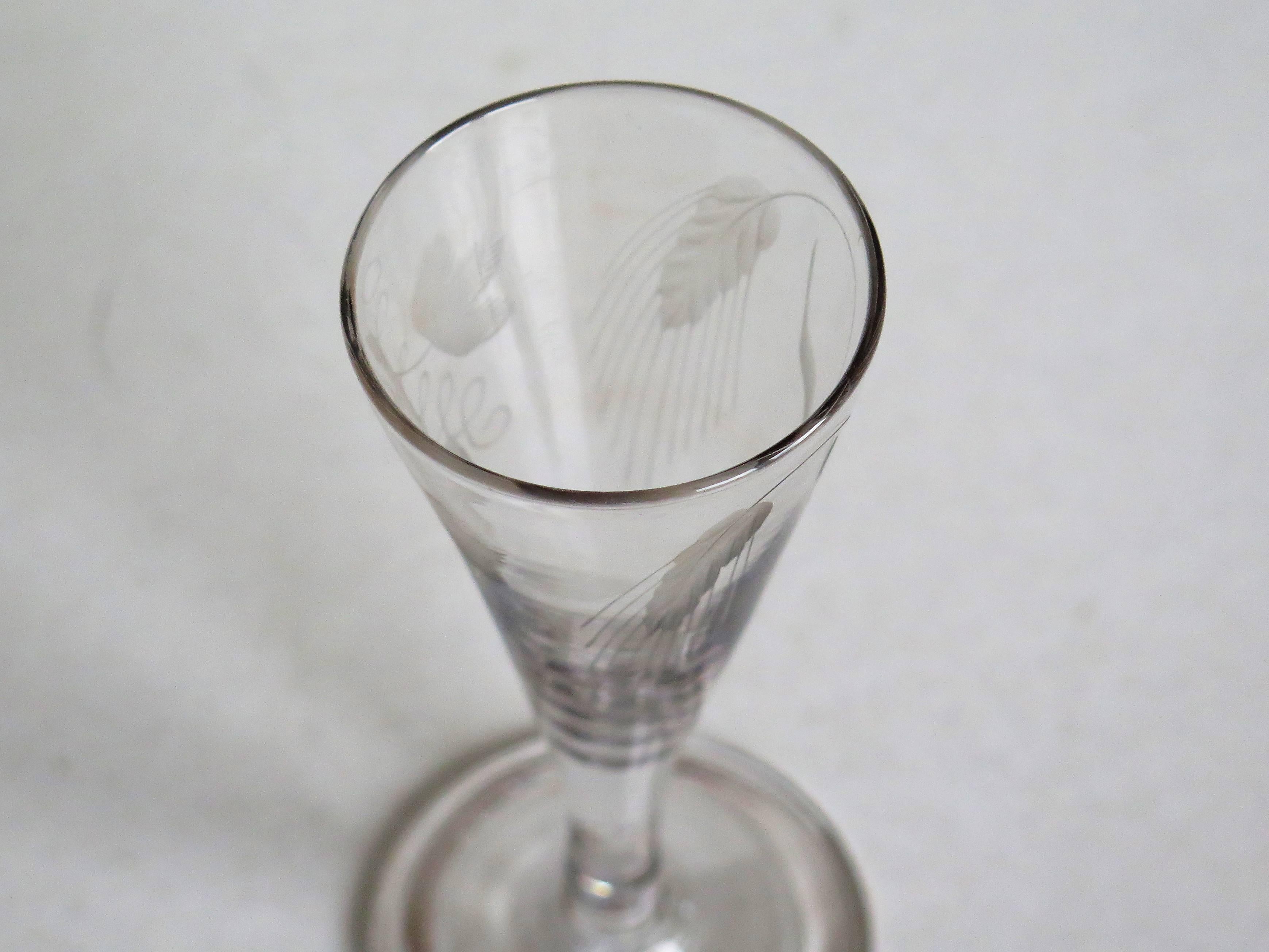 Mid-Georgian Ale Drinking Glass Handblown Engraved with Hops and Barley, Ca 1750 1