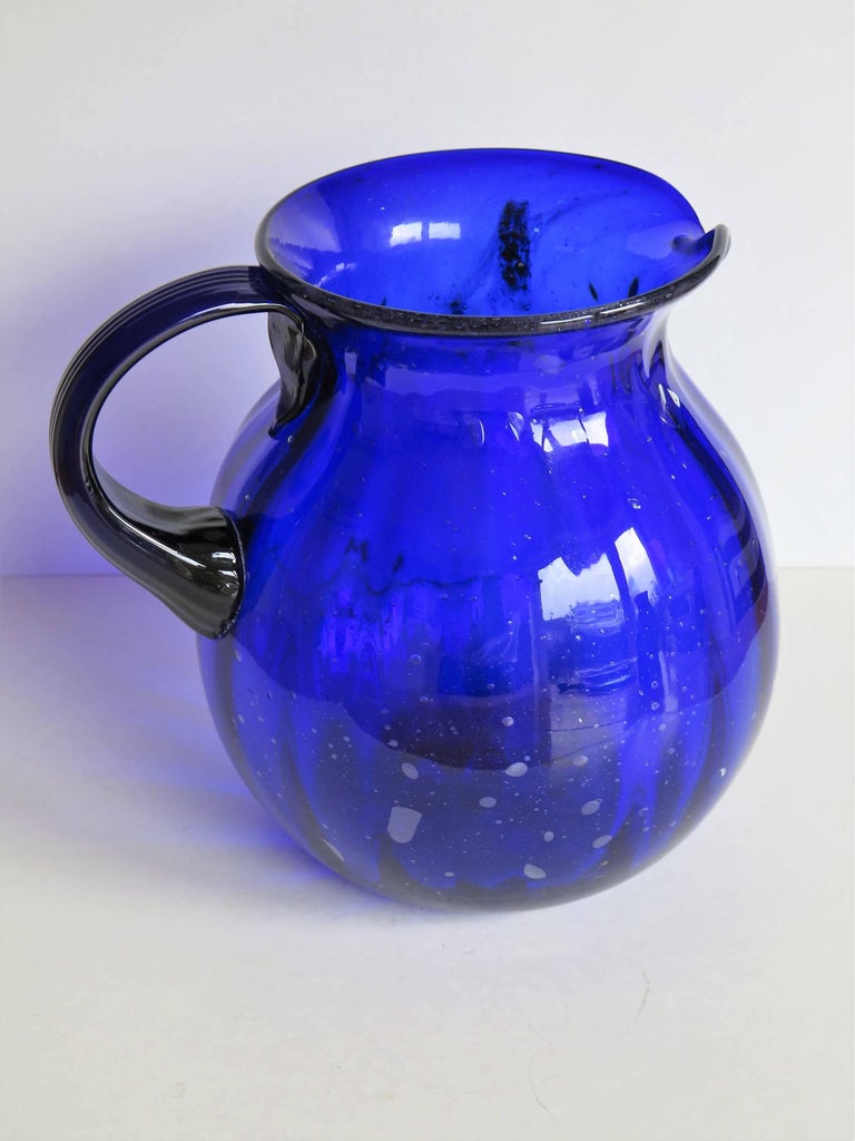 Handblown Glass Jug or Pitcher Cobalt Blue Vertically Fluted, circa