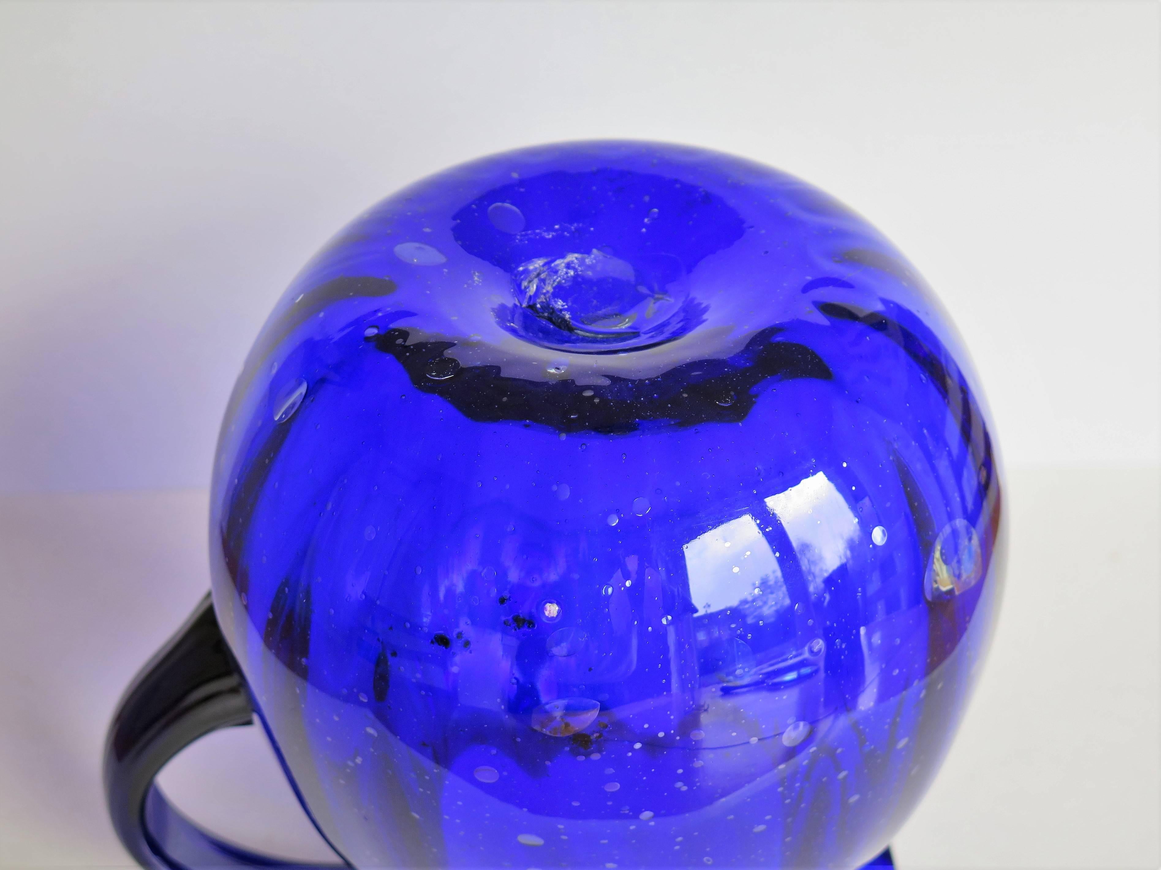 Hand-blown Large Glass Jug or Pitcher Cobalt Blue Vertically Fluted, Circa 1920s In Good Condition In Lincoln, Lincolnshire