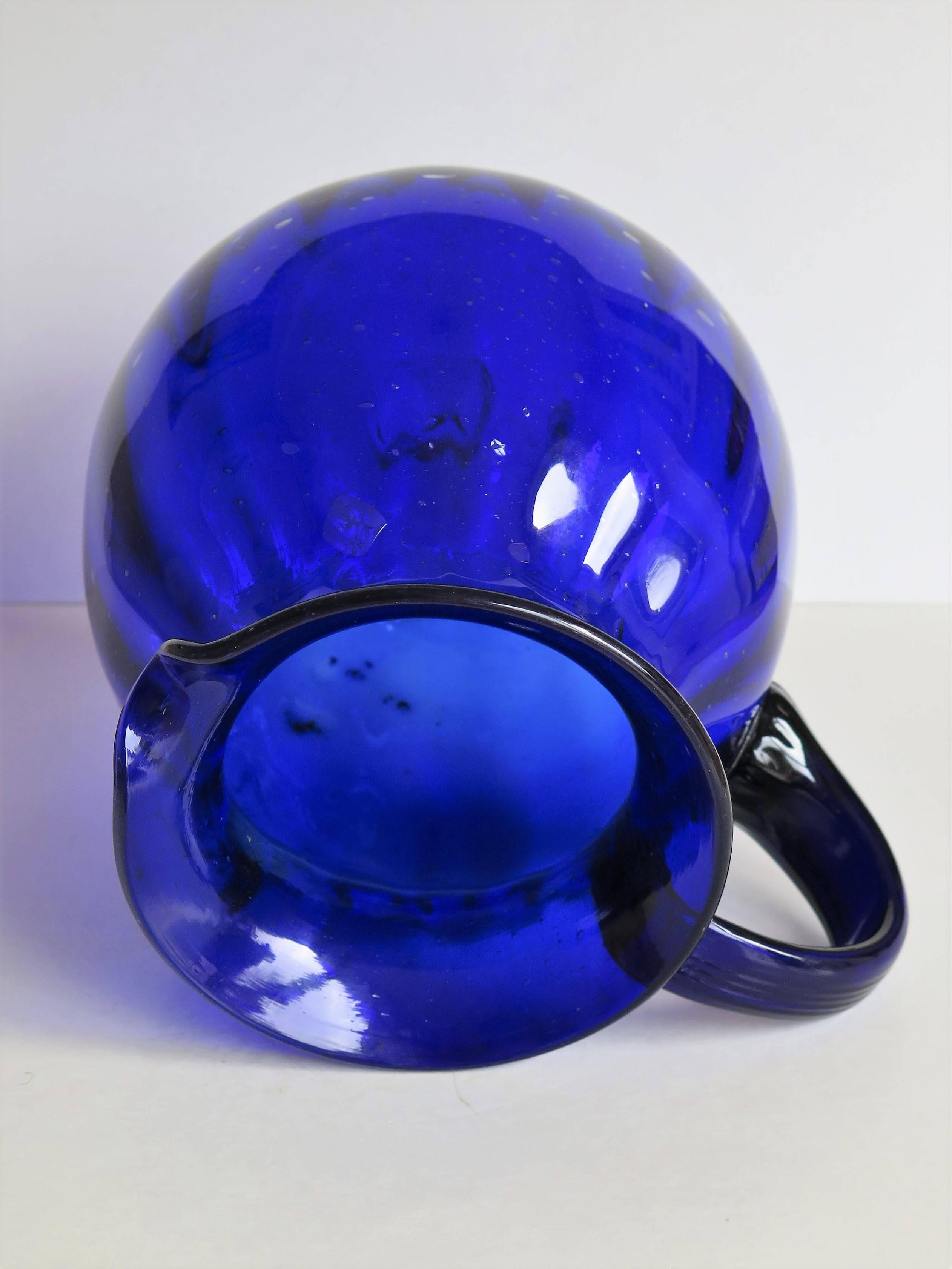 English Hand-blown Large Glass Jug or Pitcher Cobalt Blue Vertically Fluted, Circa 1920s