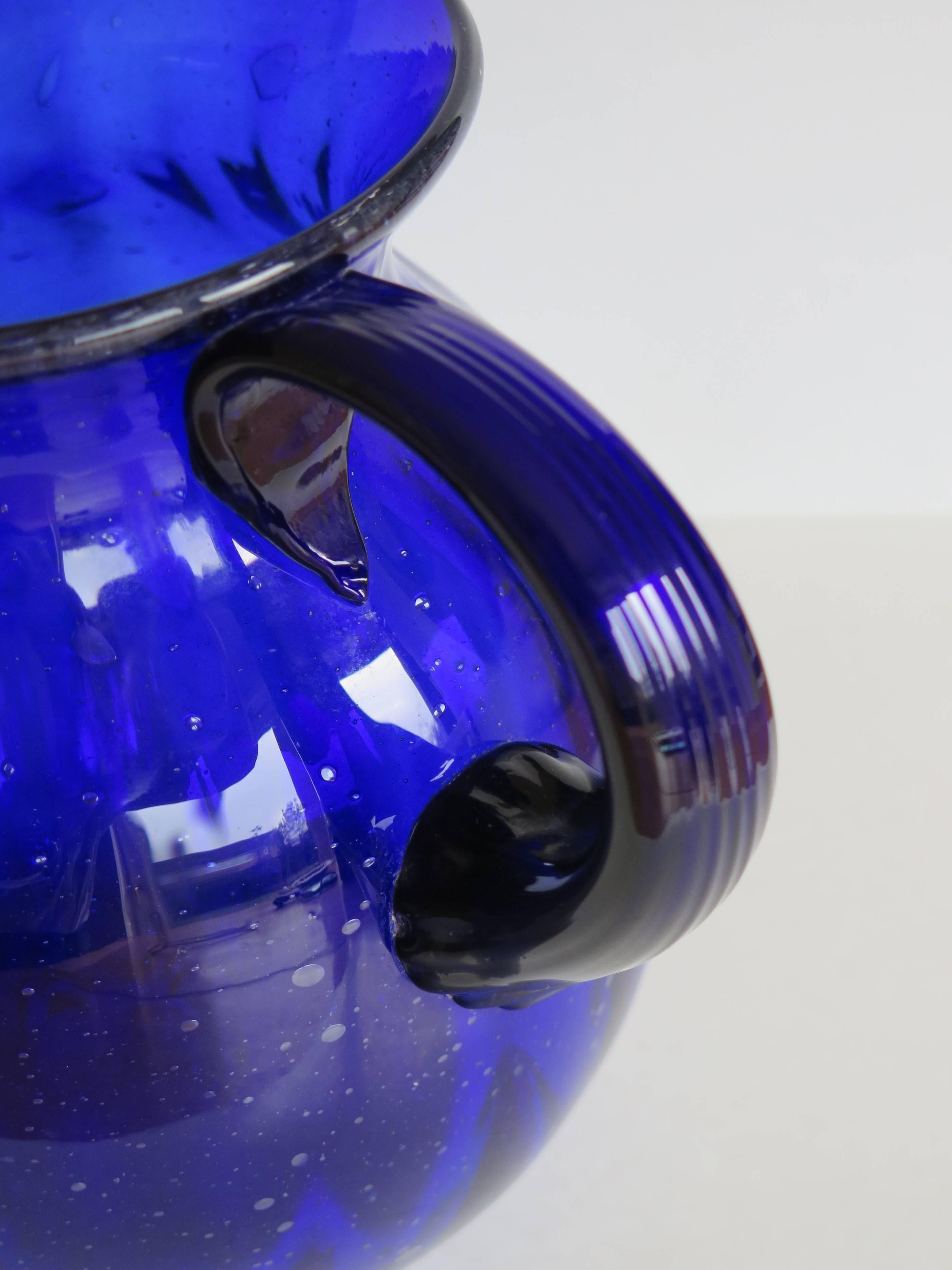 Hand-Crafted Hand-blown Large Glass Jug or Pitcher Cobalt Blue Vertically Fluted, Circa 1920s