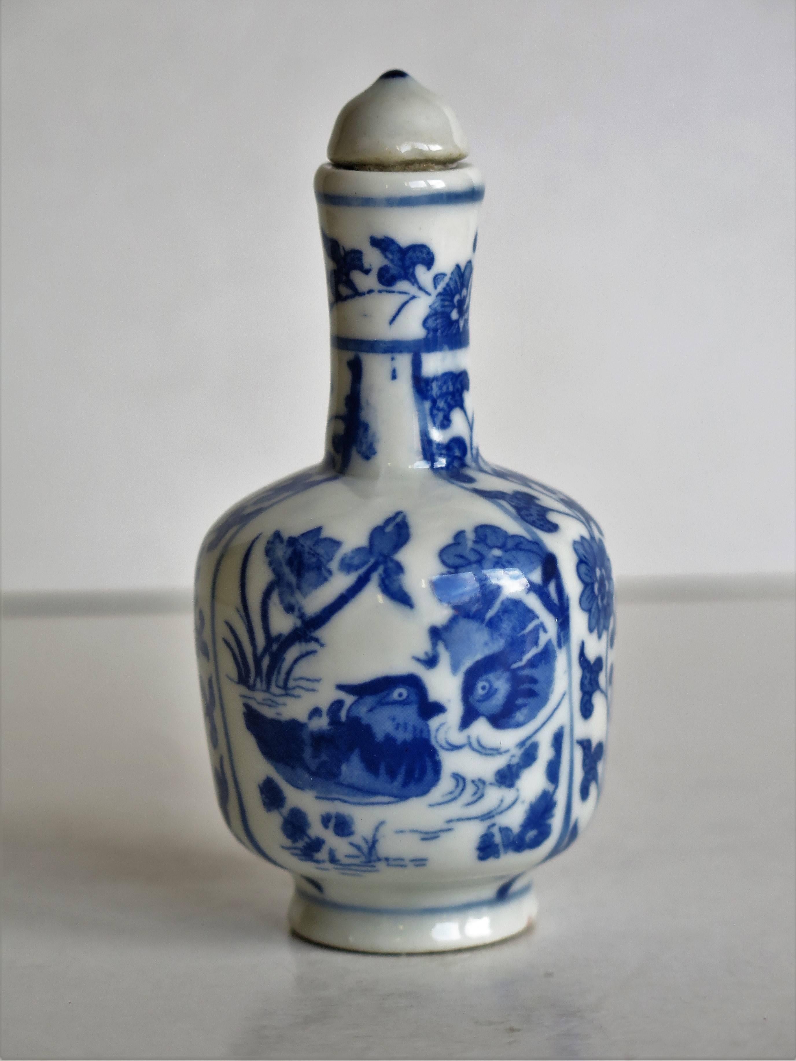 Glazed Chinese Porcelain Snuff Bottle Blue and White Mandarin Ducks signed, circa 1930