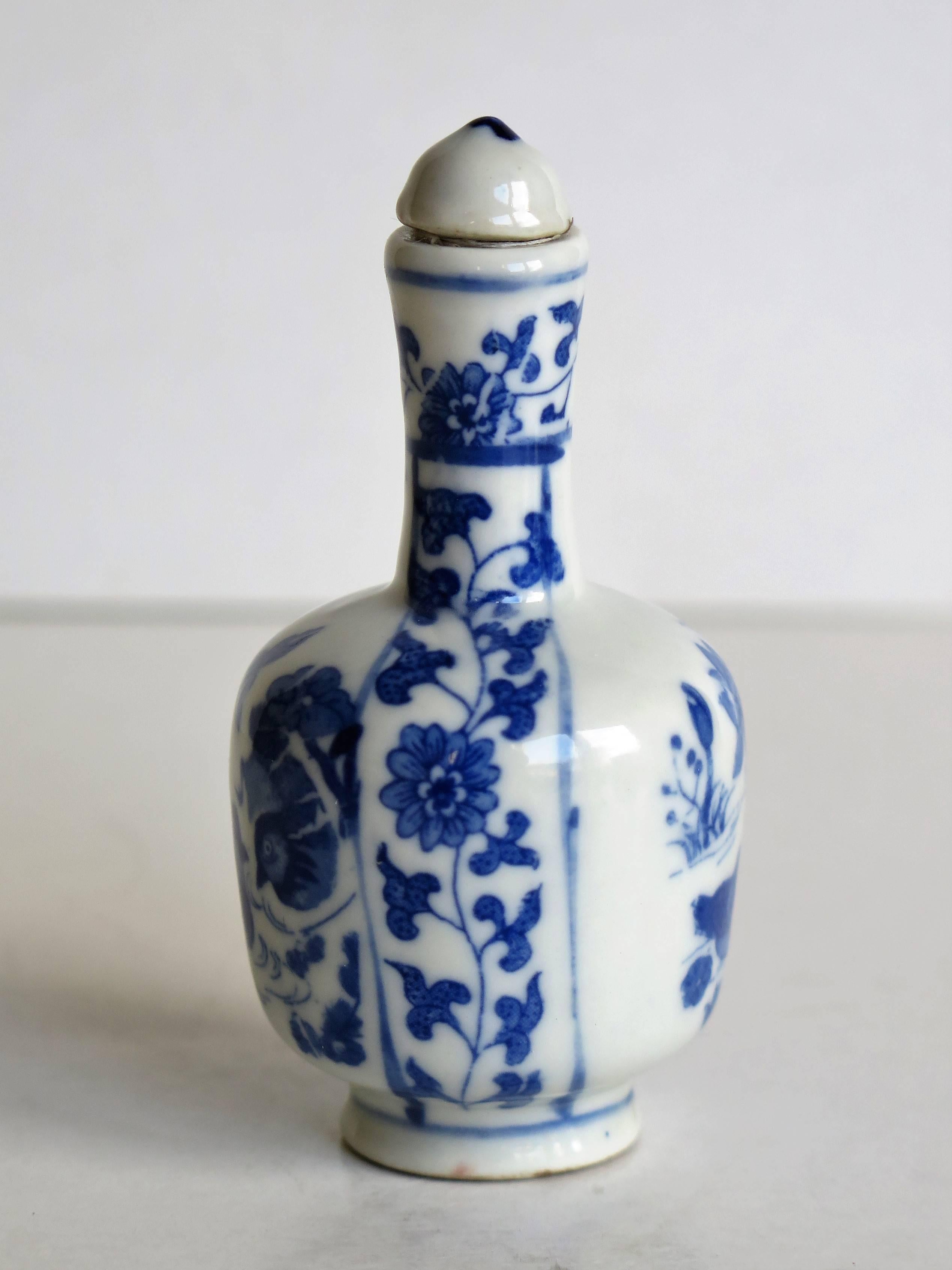 20th Century Chinese Porcelain Snuff Bottle Blue and White Mandarin Ducks signed, circa 1930