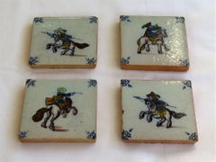 Four Delft Ceramic Wall Tiles Military Horse Riders, Hand Painted Ca. 1800