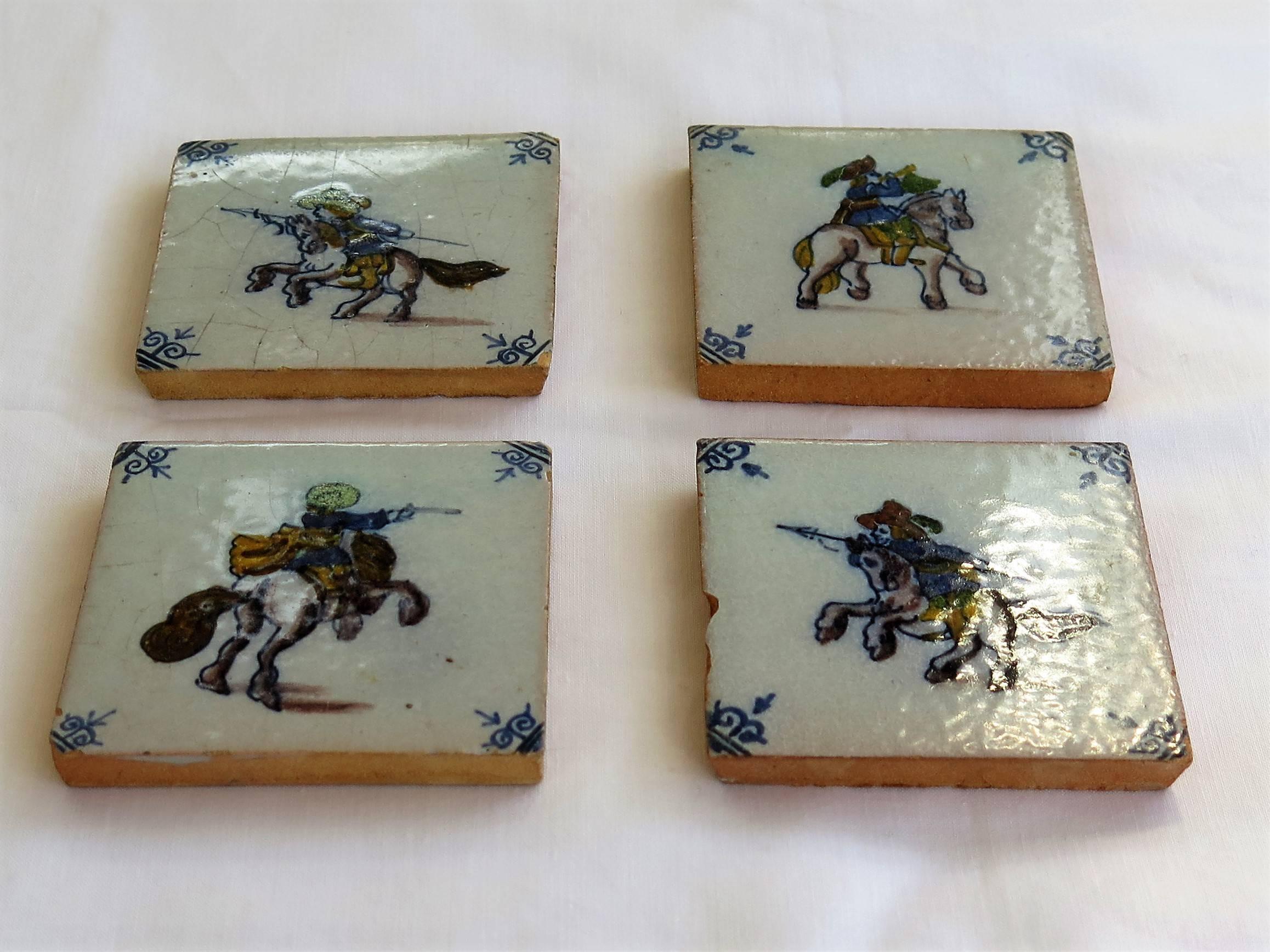 Dutch Colonial Four Delft Ceramic Wall Tiles Military Horse Riders, Hand Painted Ca. 1800