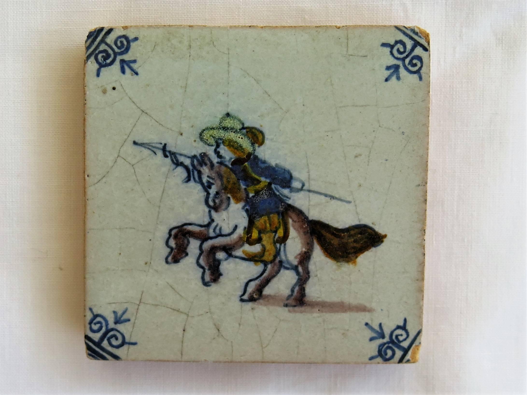 Dutch Four Delft Ceramic Wall Tiles Military Horse Riders, Hand Painted Ca. 1800
