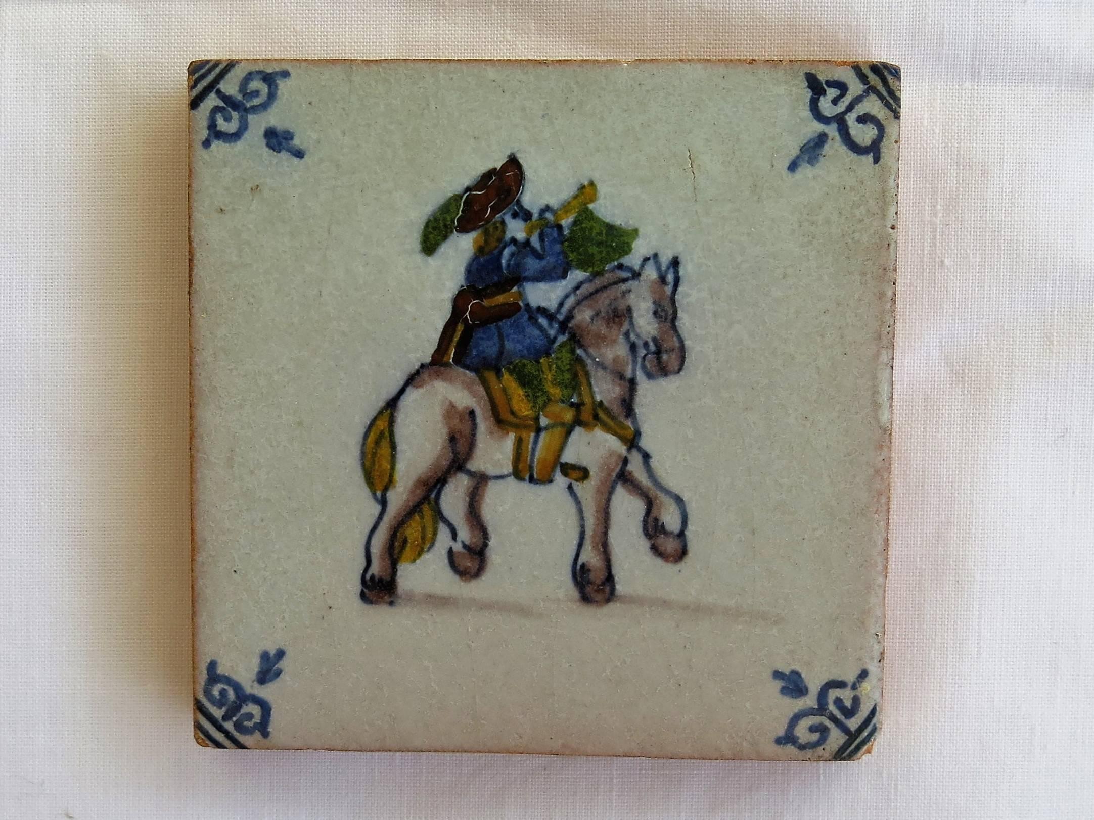 Hand-Painted Four Delft Ceramic Wall Tiles Military Horse Riders, Hand Painted Ca. 1800