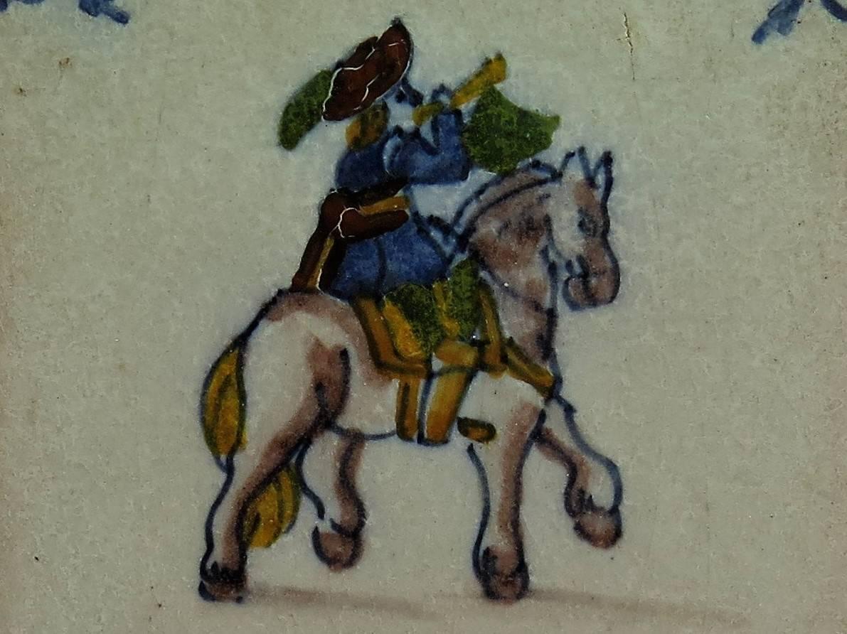 Four Delft Ceramic Wall Tiles Military Horse Riders, Hand Painted Ca. 1800 1