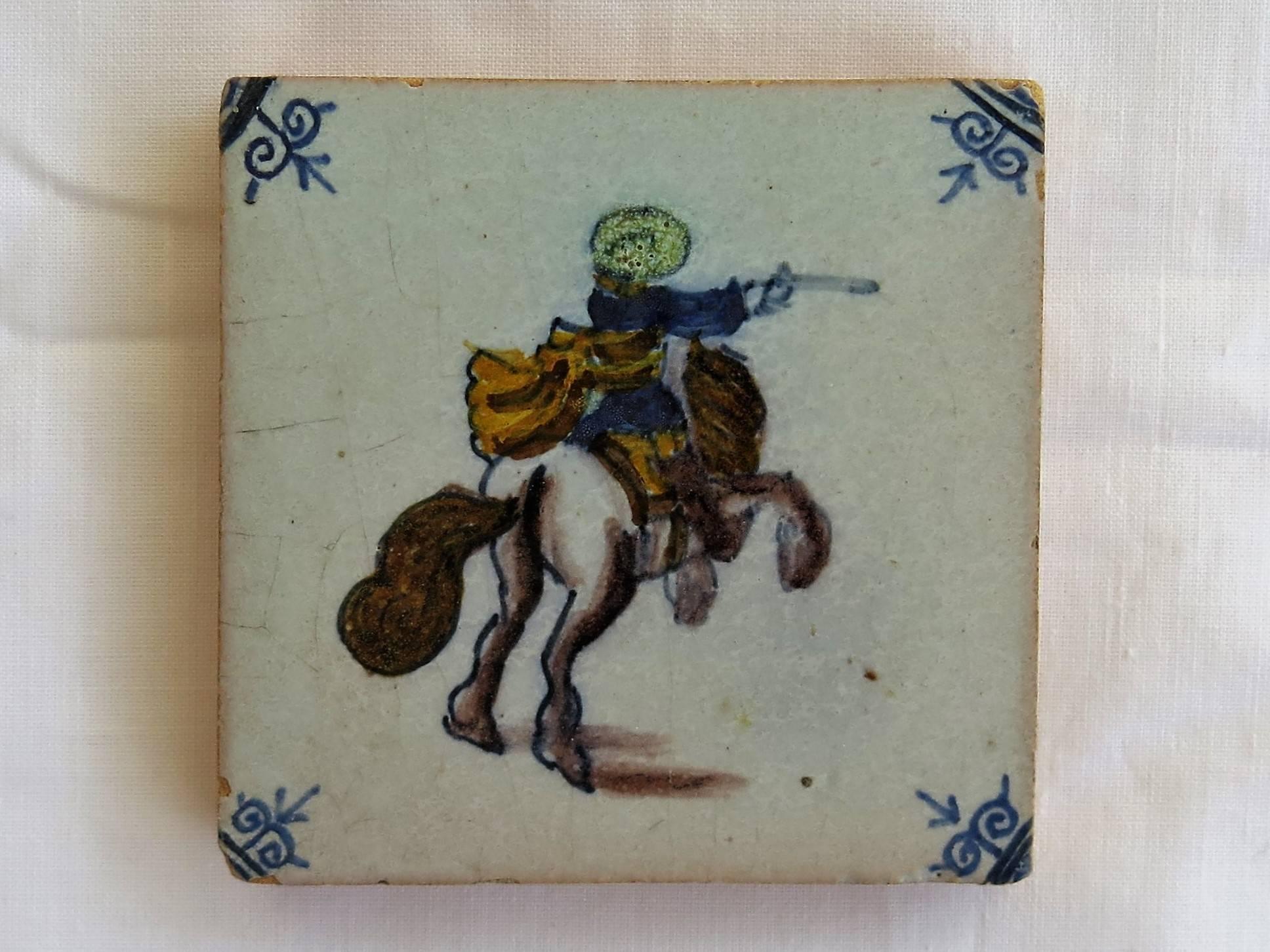 Four Delft Ceramic Wall Tiles Military Horse Riders, Hand Painted Ca. 1800 In Good Condition In Lincoln, Lincolnshire