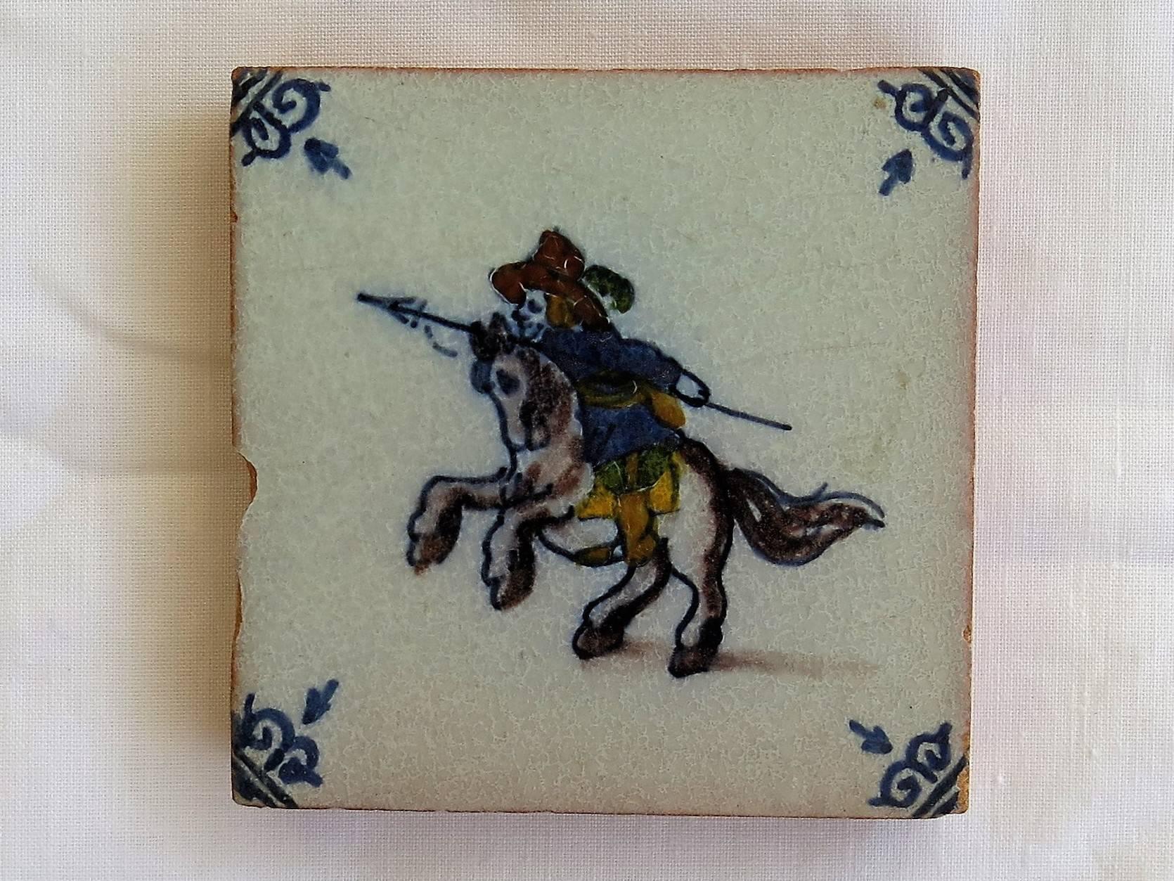 19th Century Four Delft Ceramic Wall Tiles Military Horse Riders, Hand Painted Ca. 1800