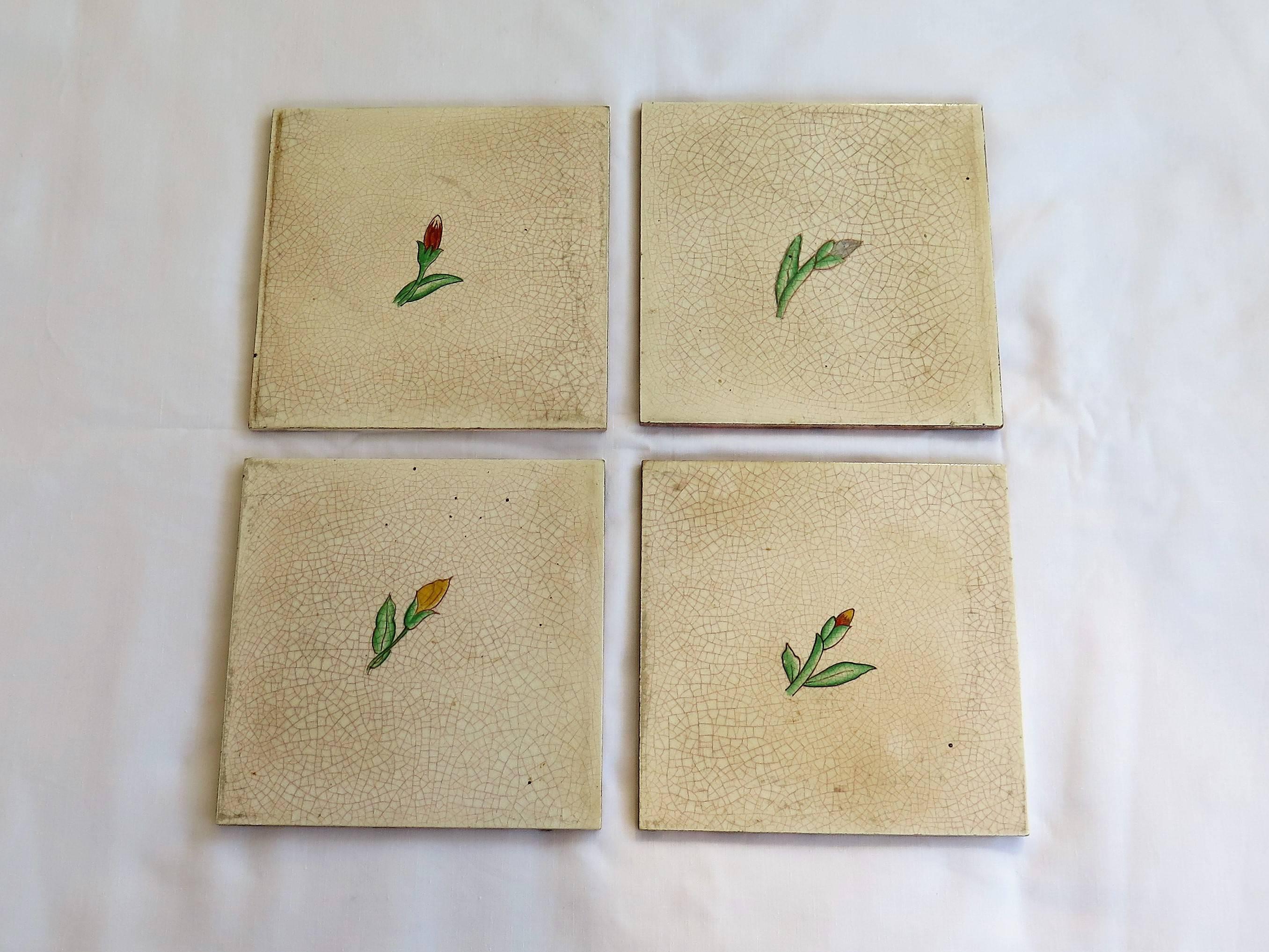These are a very decorative set of four ceramic wall tiles, dating to the Art Deco period, Circa 1925 and made by Actiengesellschaft Wessel-Werk A.G. , Germany who used the BONNA mark between 1920 and 1930.

Each tile is nominally 6 inches square by