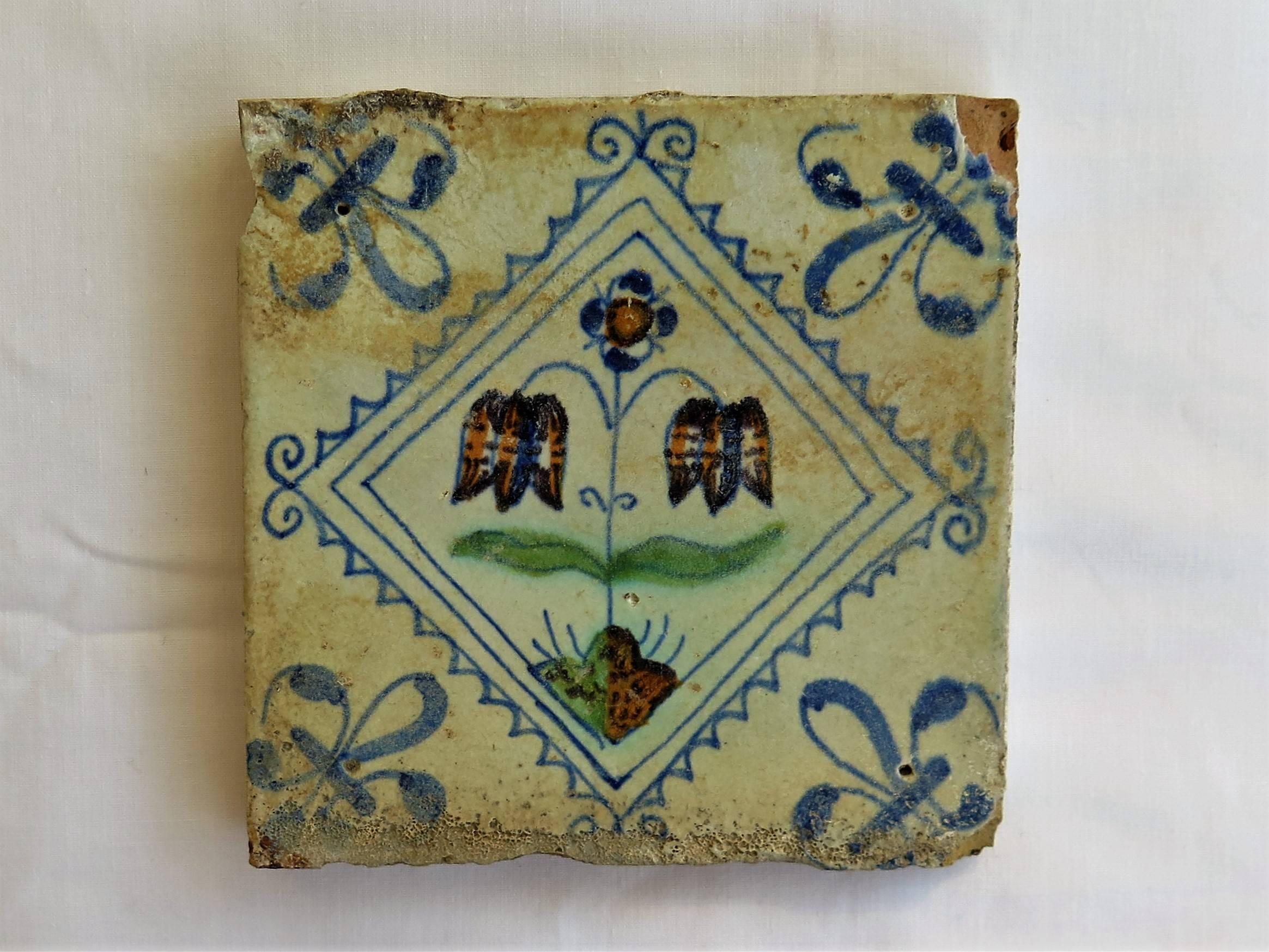 Dutch Colonial Three 17th Century Delft Ceramic Wall Tiles 1 Polychrome and 2 Blue and White
