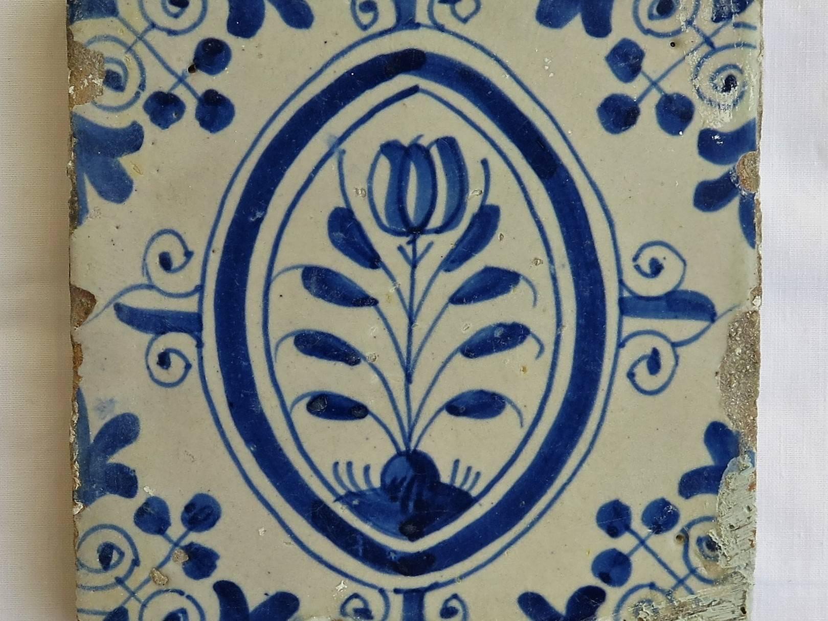 Three 17th Century Delft Ceramic Wall Tiles 1 Polychrome and 2 Blue and White In Fair Condition In Lincoln, Lincolnshire