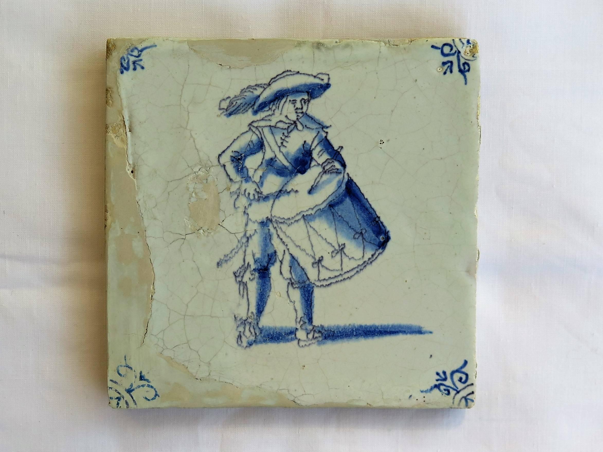 18th Century and Earlier Three 17th Century Delft Ceramic Wall Tiles 1 Polychrome and 2 Blue and White