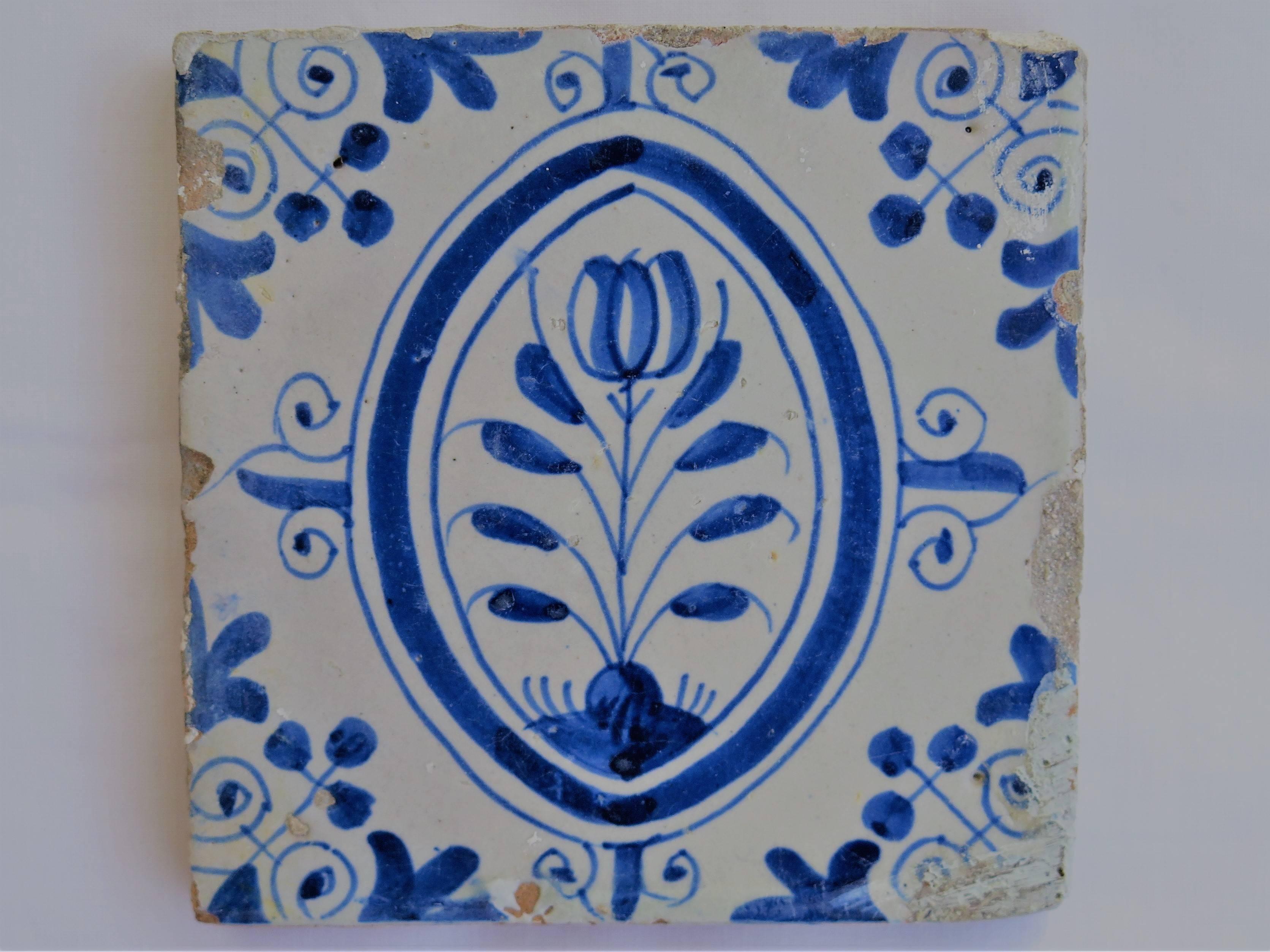 Hand-Painted Three 17th Century Delft Ceramic Wall Tiles 1 Polychrome and 2 Blue and White