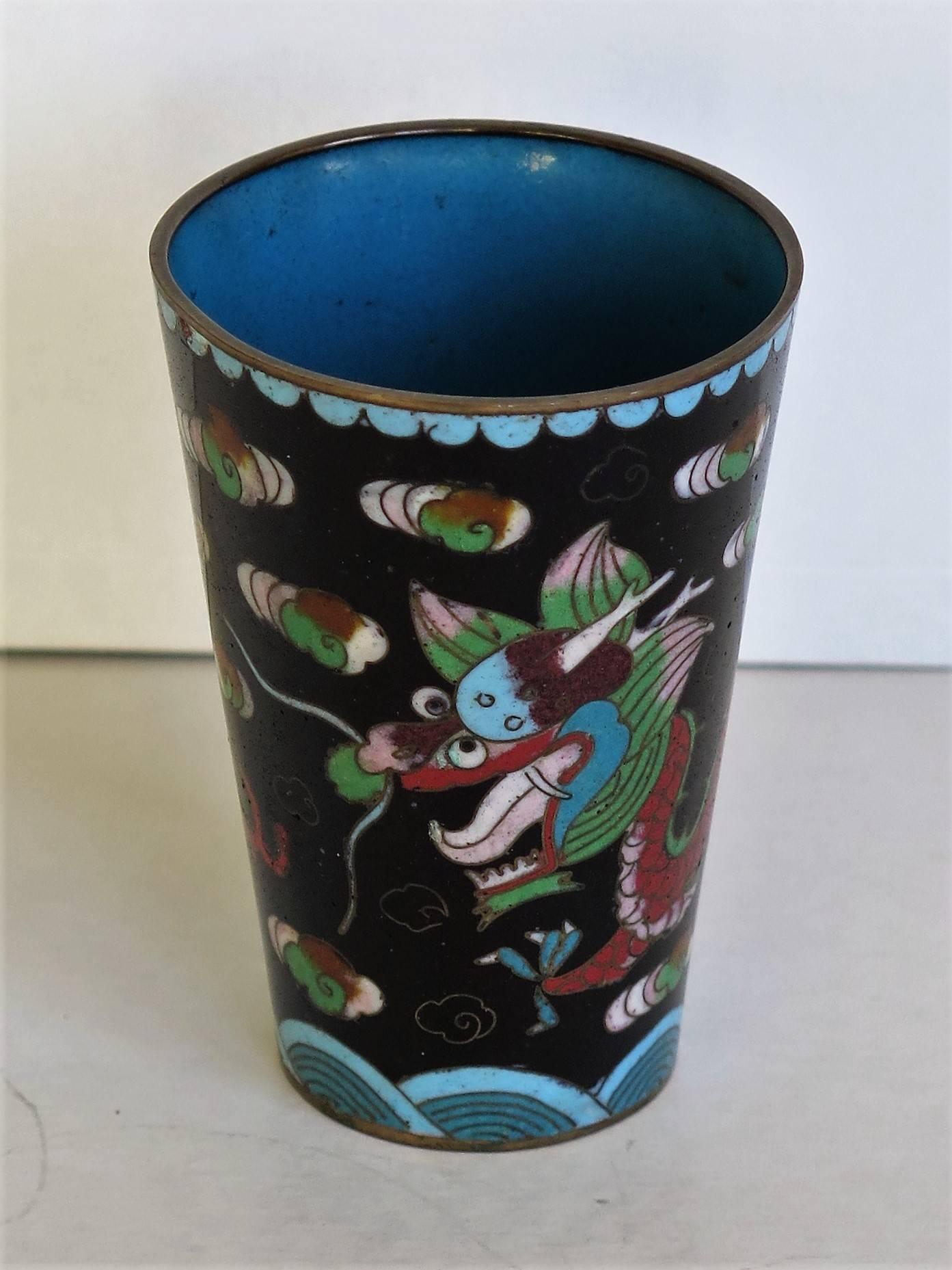 20th Century Chinese Cloisonné Beaker Dragon Chasing Flaming Pearl, Late Qing