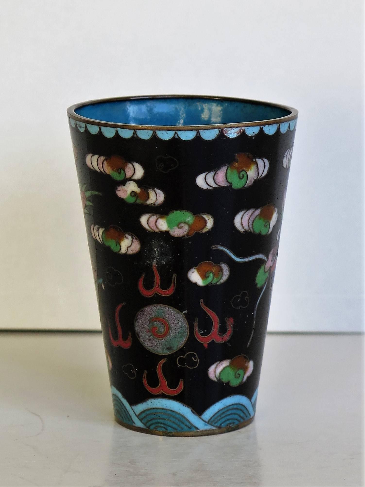 Chinese Cloisonné Beaker Dragon Chasing Flaming Pearl, Late Qing In Good Condition In Lincoln, Lincolnshire
