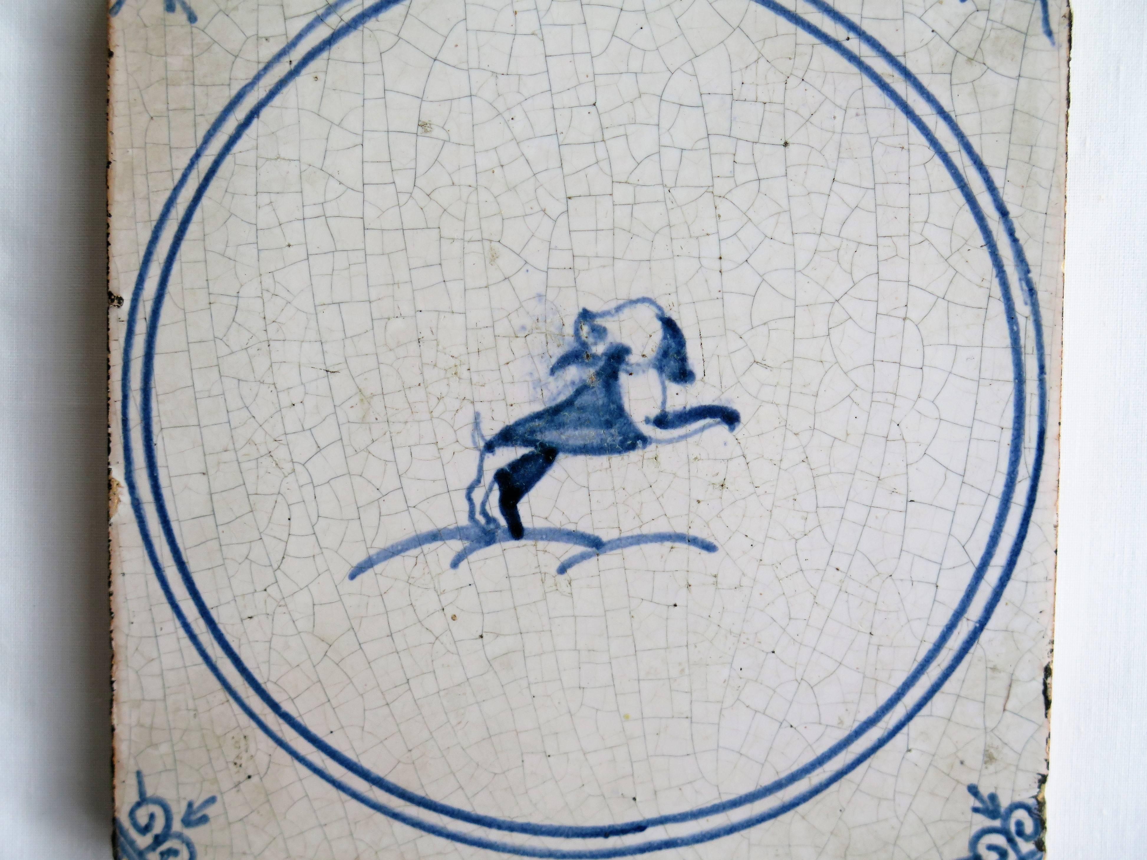 Hand-Painted Three 18th Century Delft Blue and White Ceramic Wall Tiles, Dog Patterns